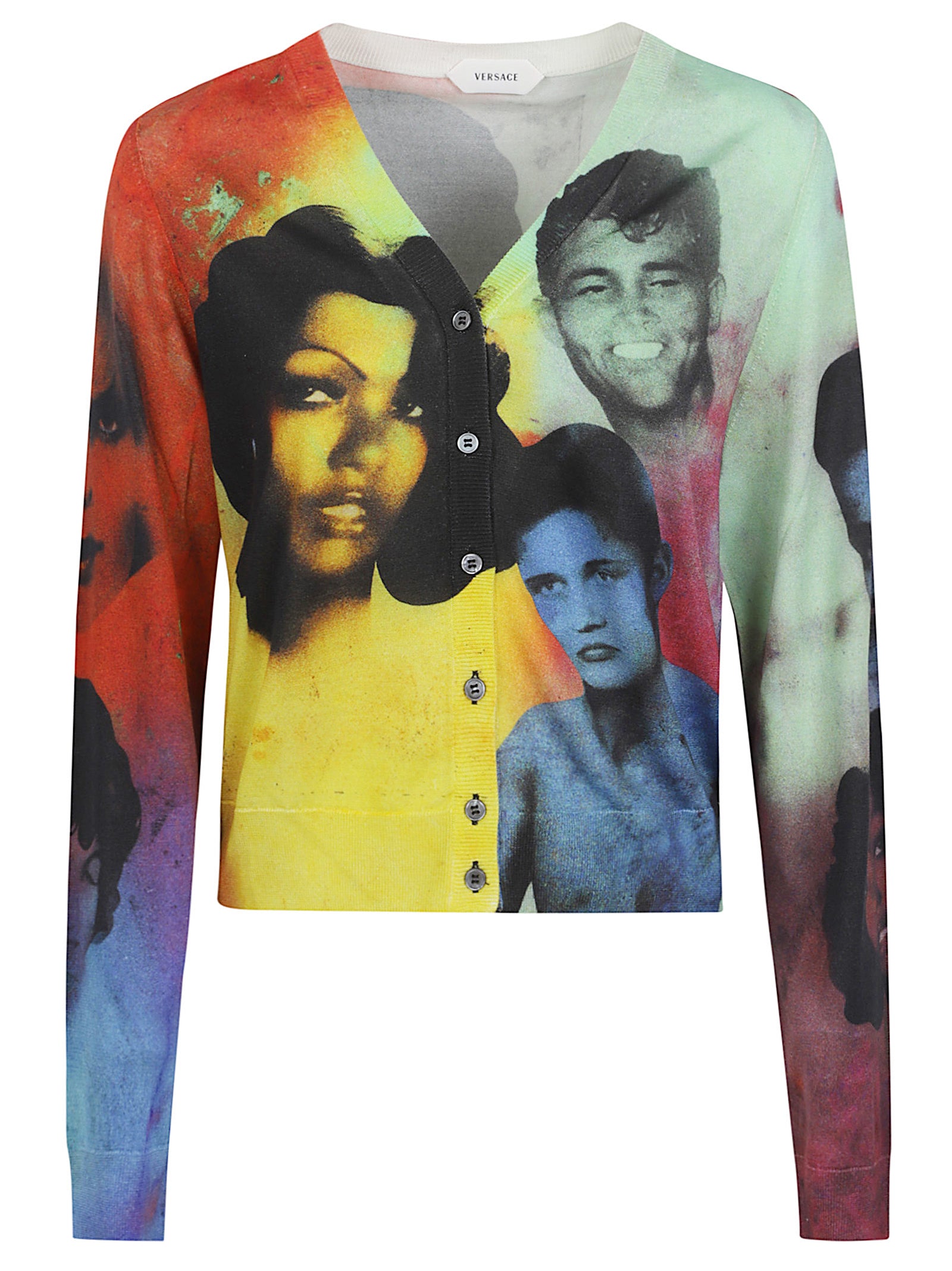 Portrait Print Black Knit Sweater with V-Neck and Button Closure