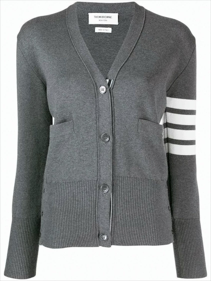 Classic V-Neck Grey Knitwear Cardigan with Striped Accents