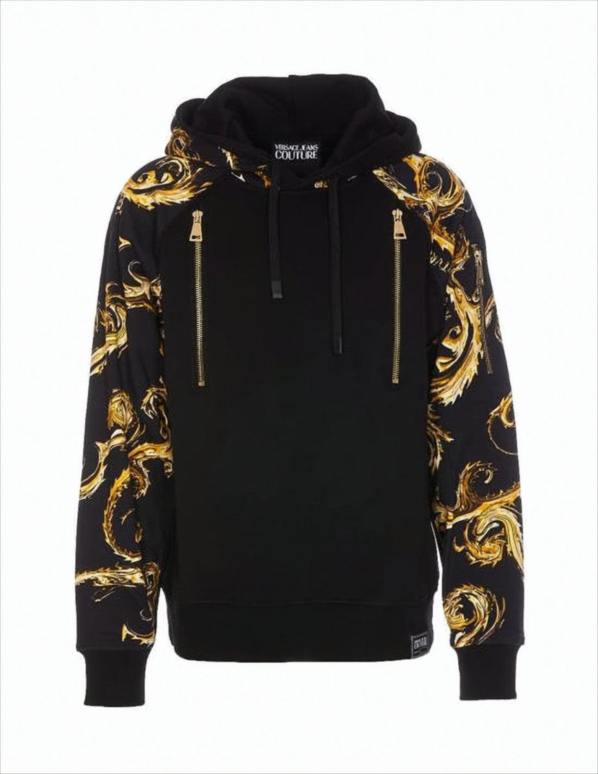 Baroque Patterned Black Hoodie with Gold Accents