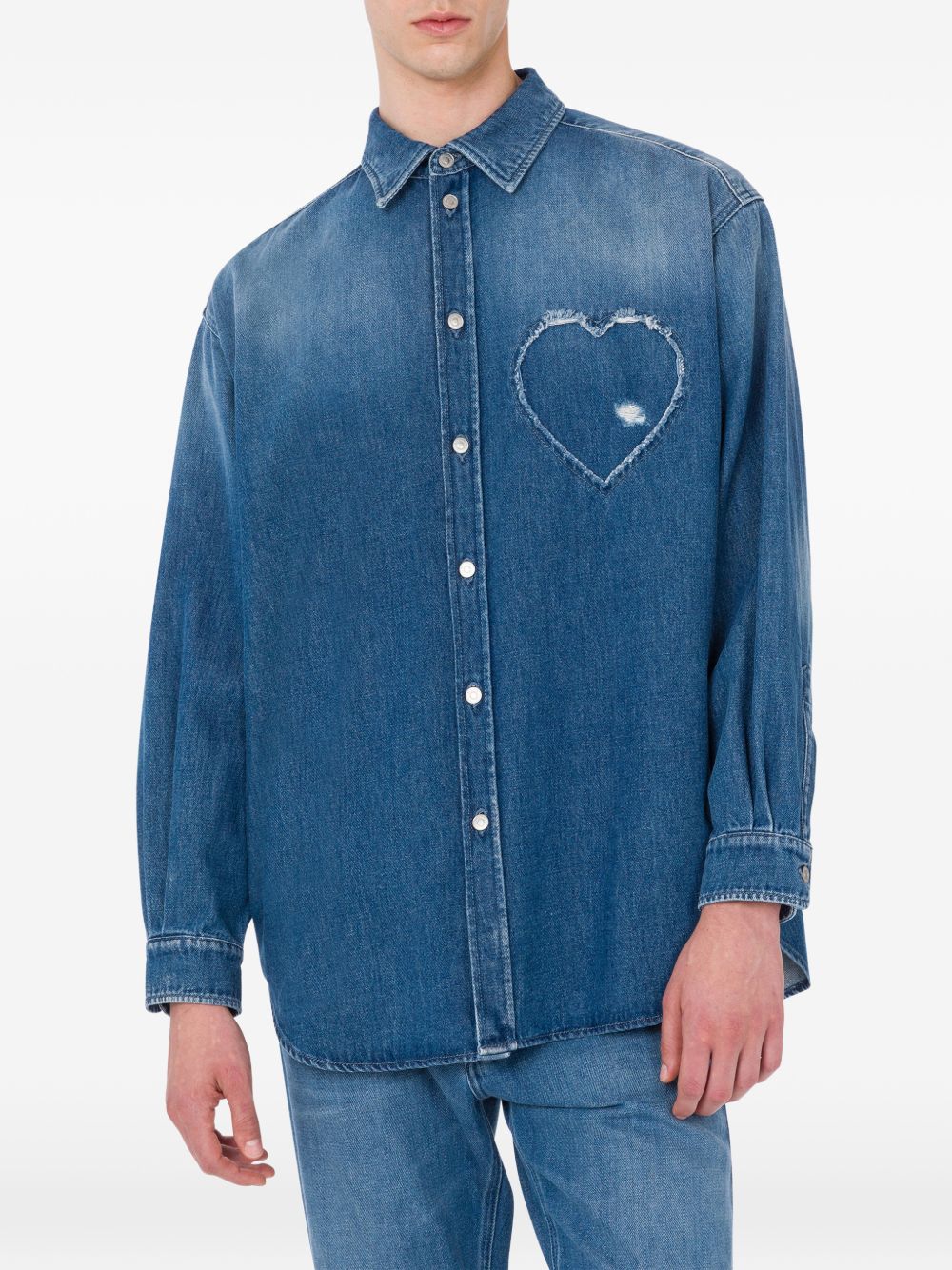Frayed Heart-Patch Denim Shirt