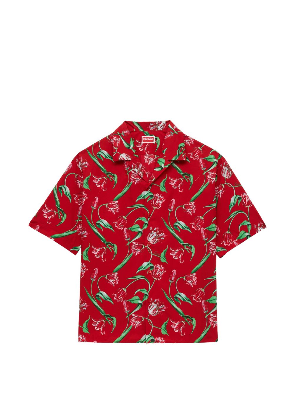 Vibrant Red Short-Sleeved Casual Shirt with Floral Pattern