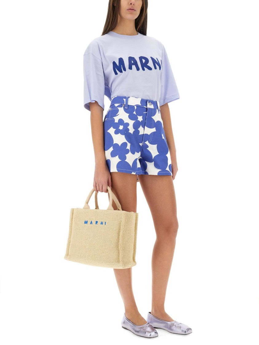 Floral Pattern High-Waisted Cotton Shorts