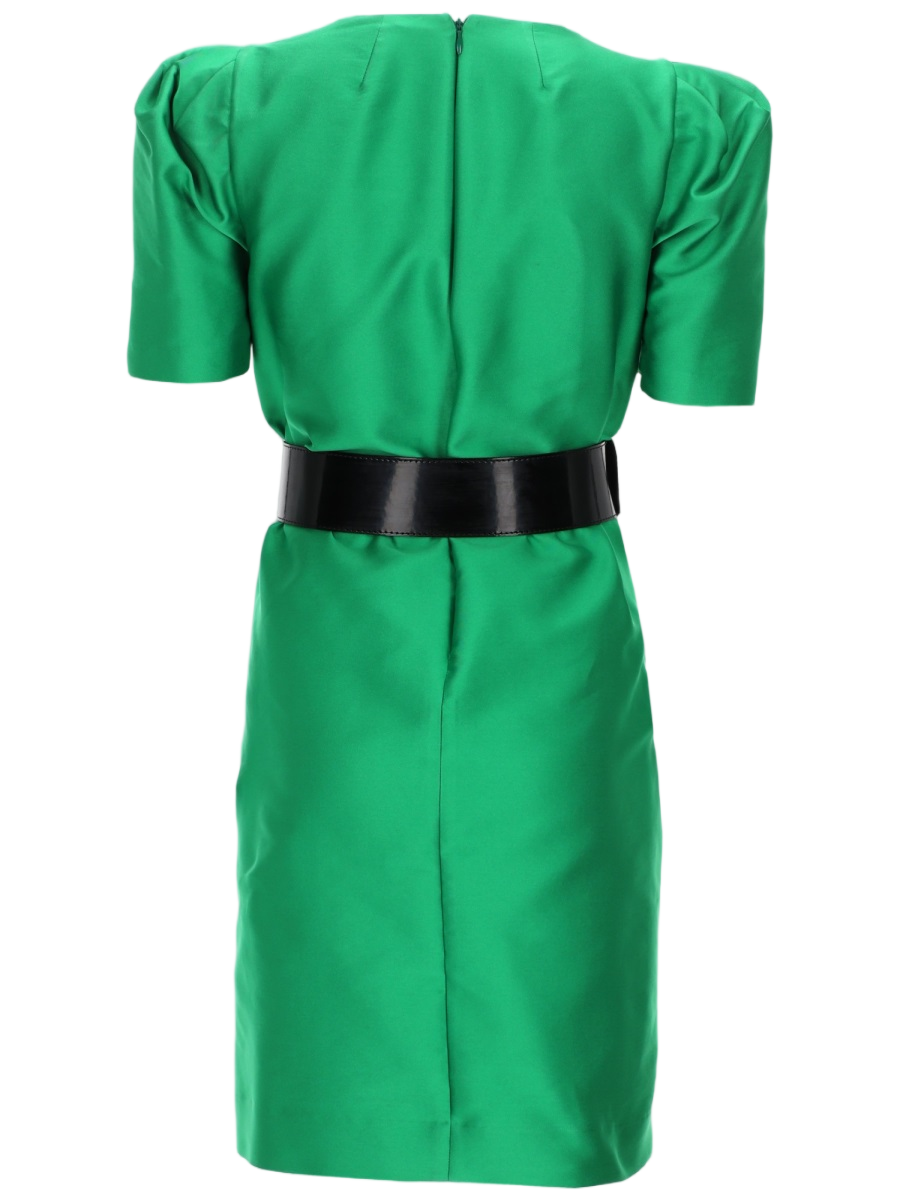 Structured Satin Mini Dress with Belted Waist and Puff Sleeves
