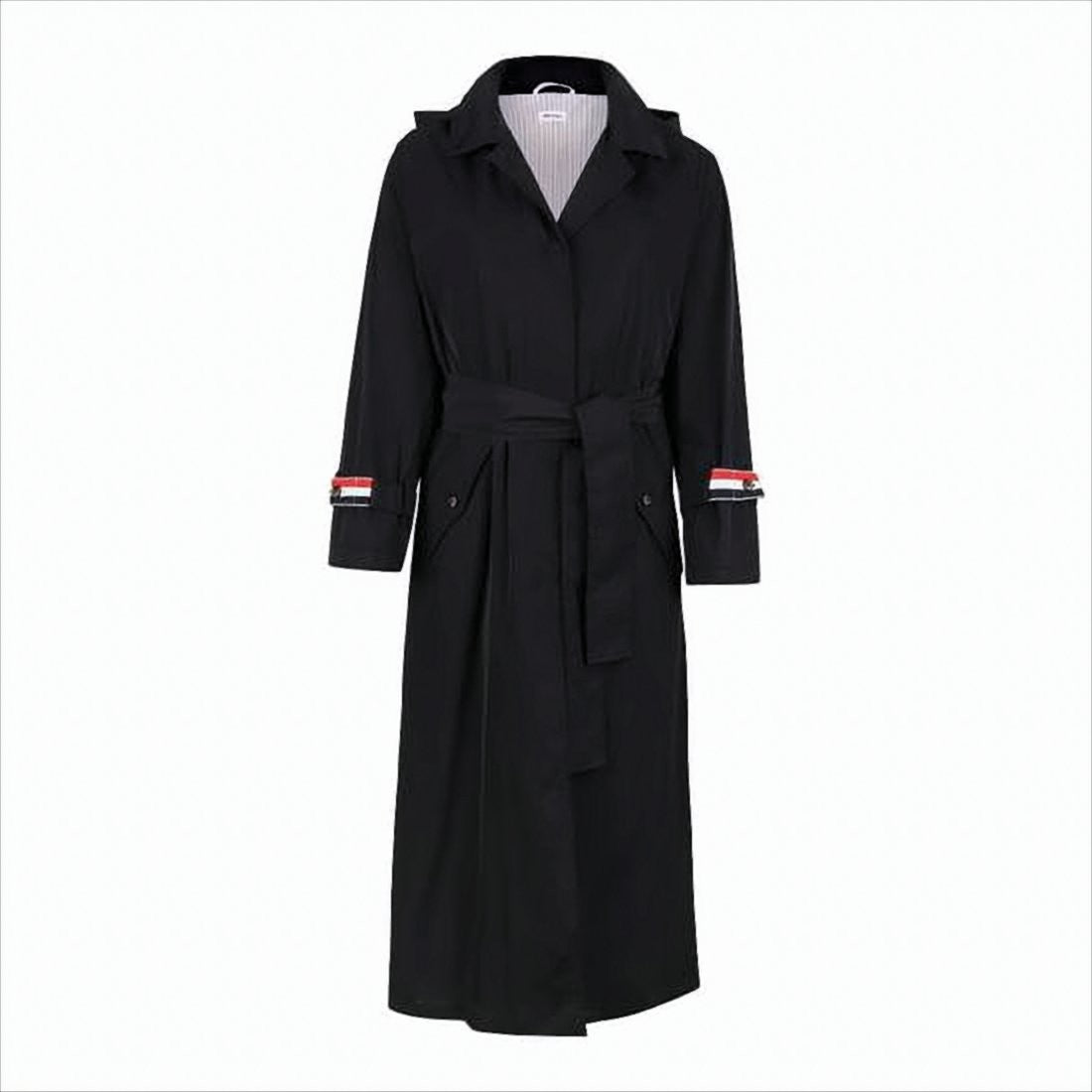 Classic Black Trench Coat with Belted Waist and Decorative Cuffs