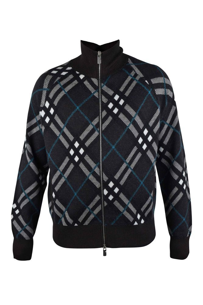 Check Pattern Wool Cardigan With High Collar