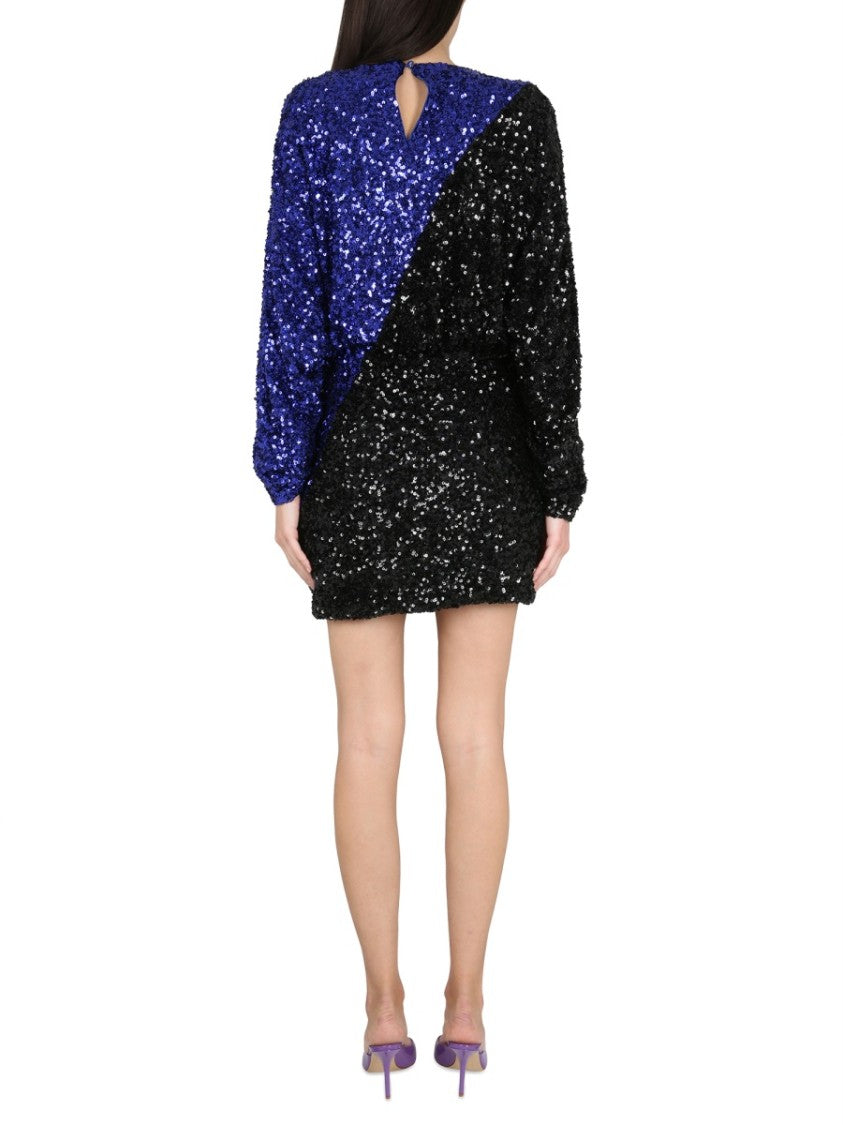 Color Block Sequined Mini Dress With Long Sleeves