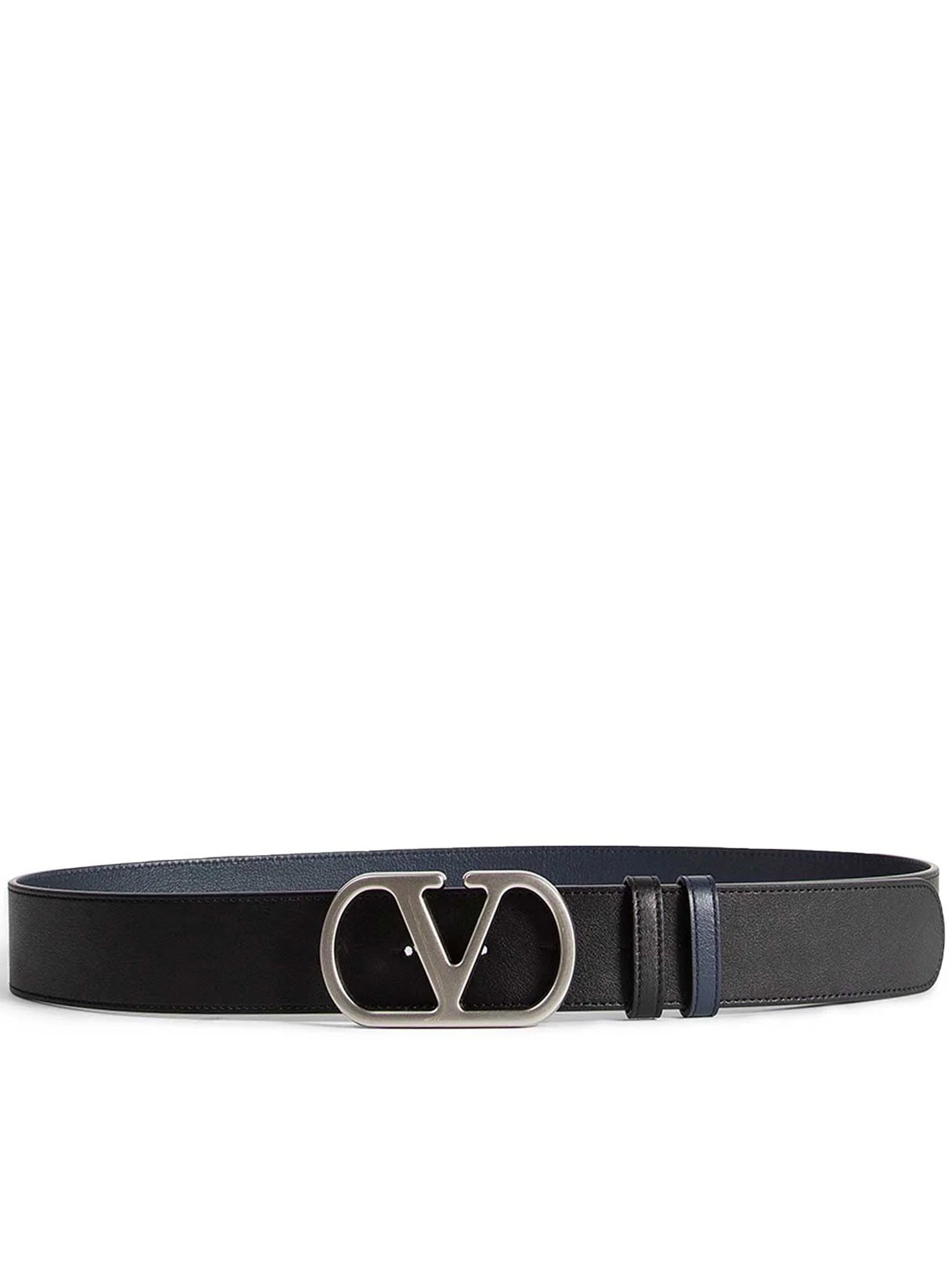 Black/Navy Reversible Silver-tone Logo Buckle Belt