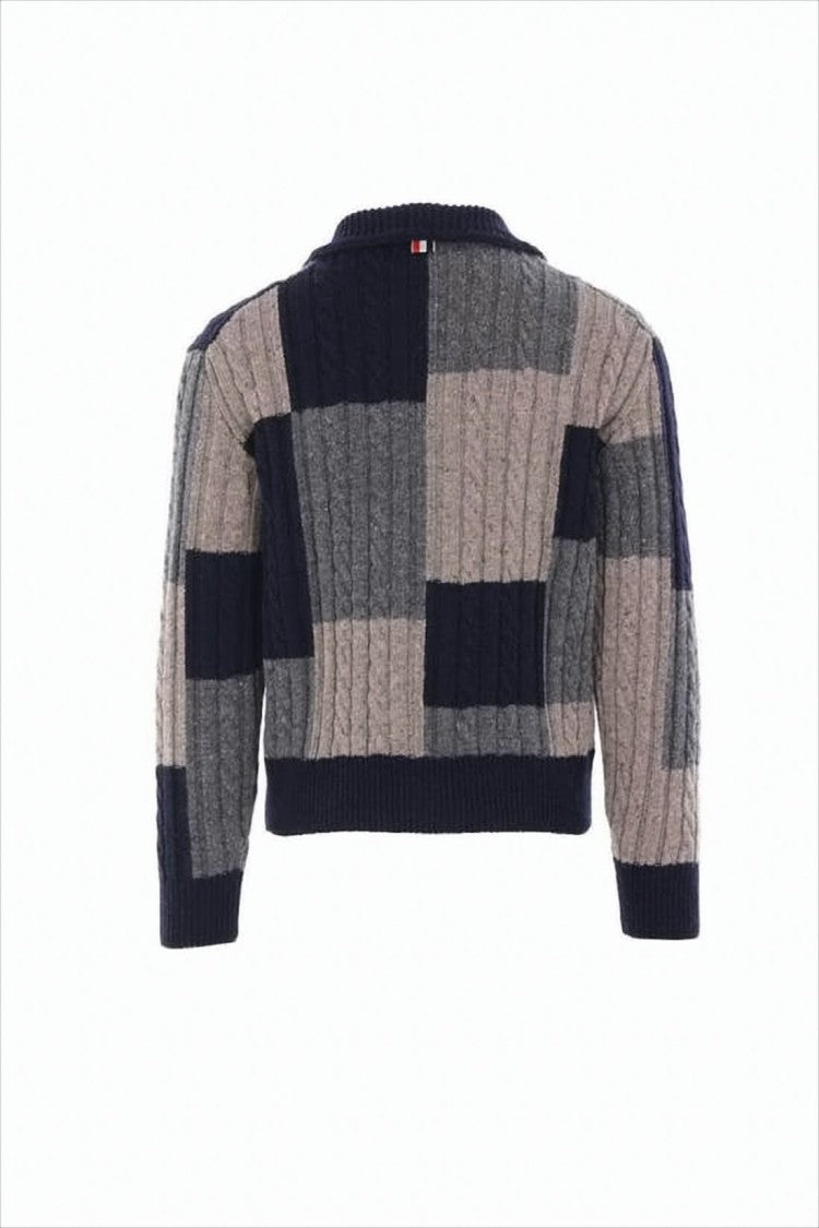 Patchwork Cable Knit Cardigan With Button-Up Front
