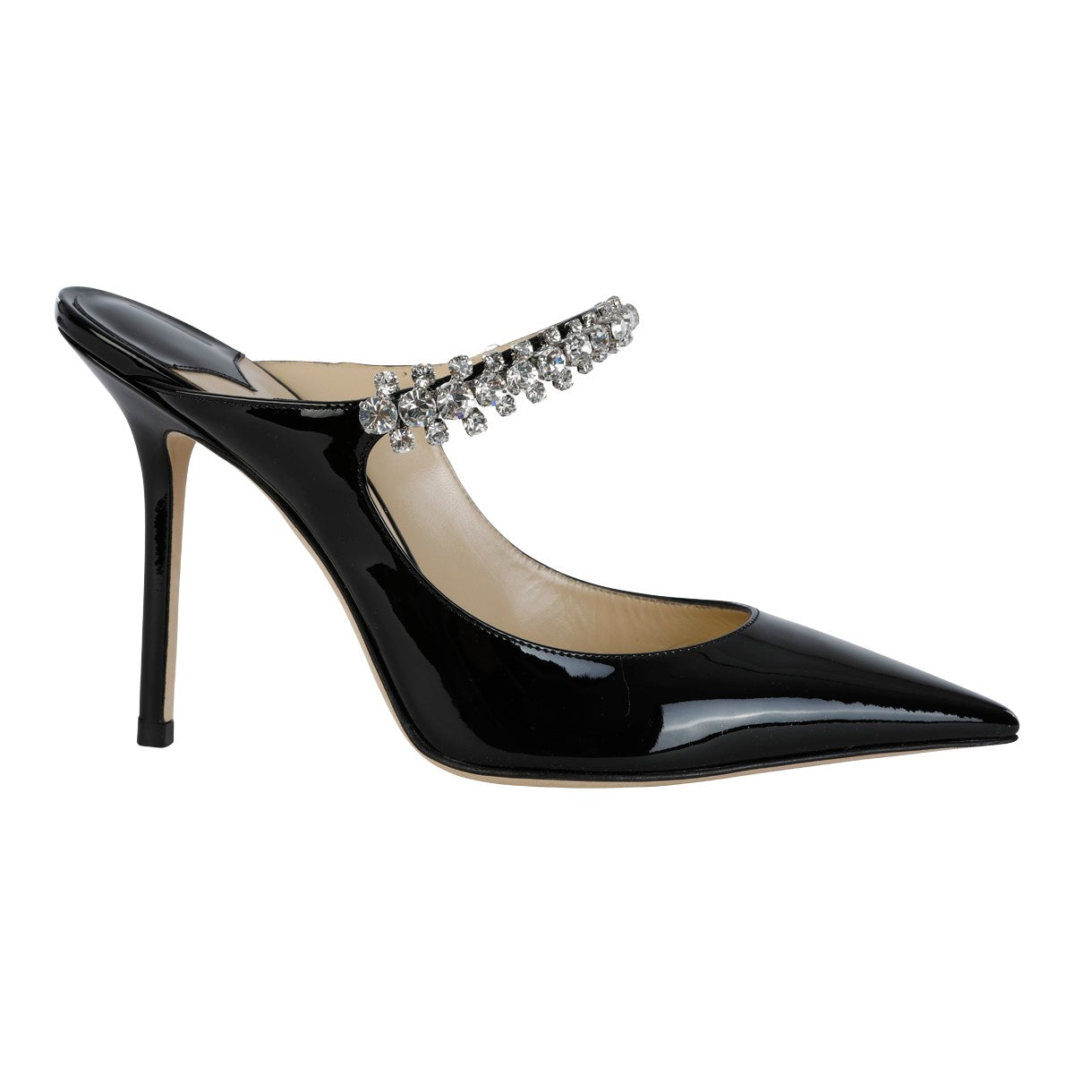 Crystal-Embellished Stiletto Mule in Black Patent Leather