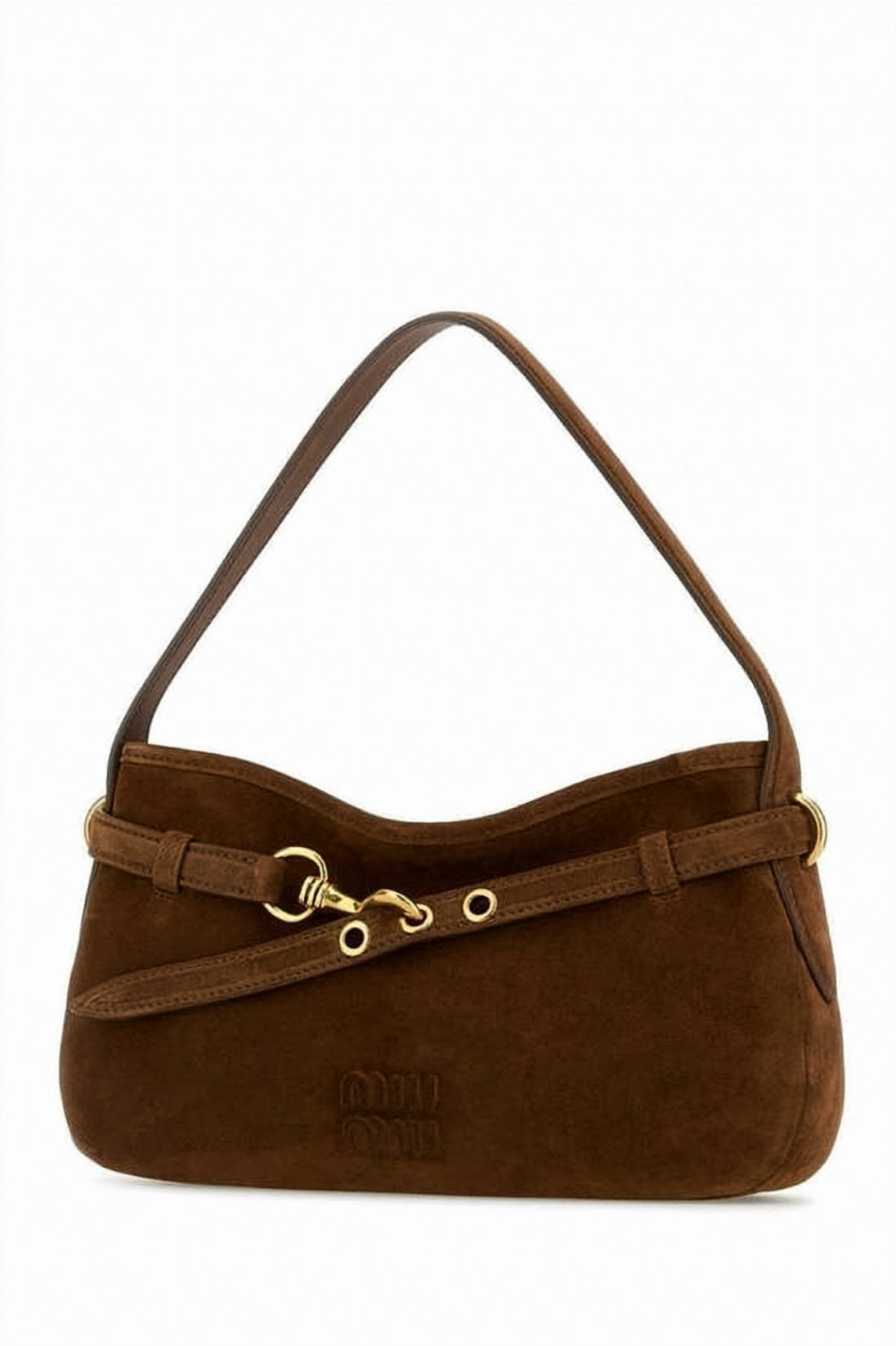 Suede Shoulder Bag with Decorative Belt and Gold-tone Accents