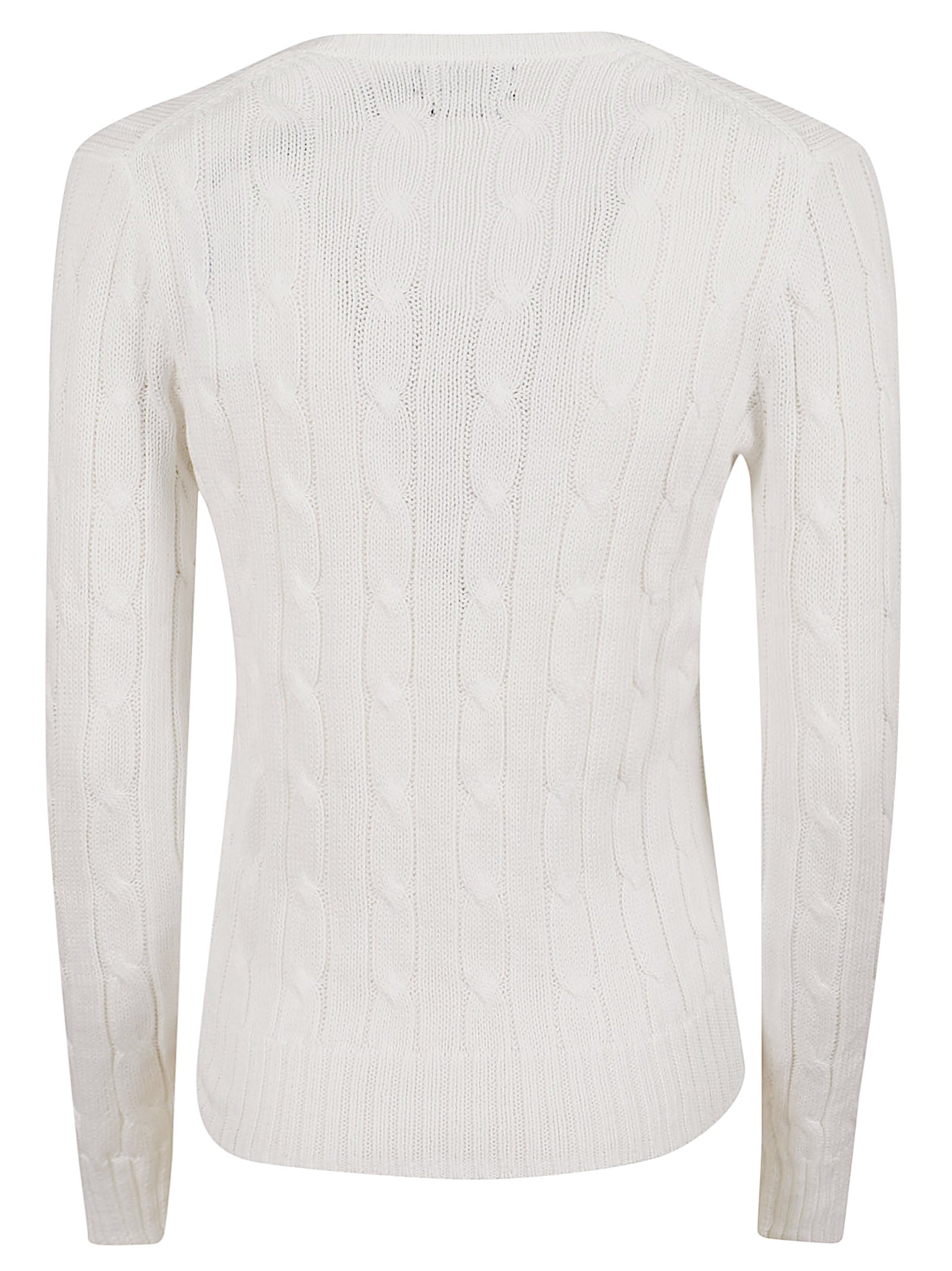 Fitted White Cable-Knit V-Neck Sweater