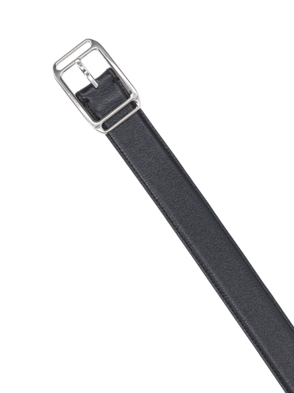 Polished Silver Buckled Black Leather Belt