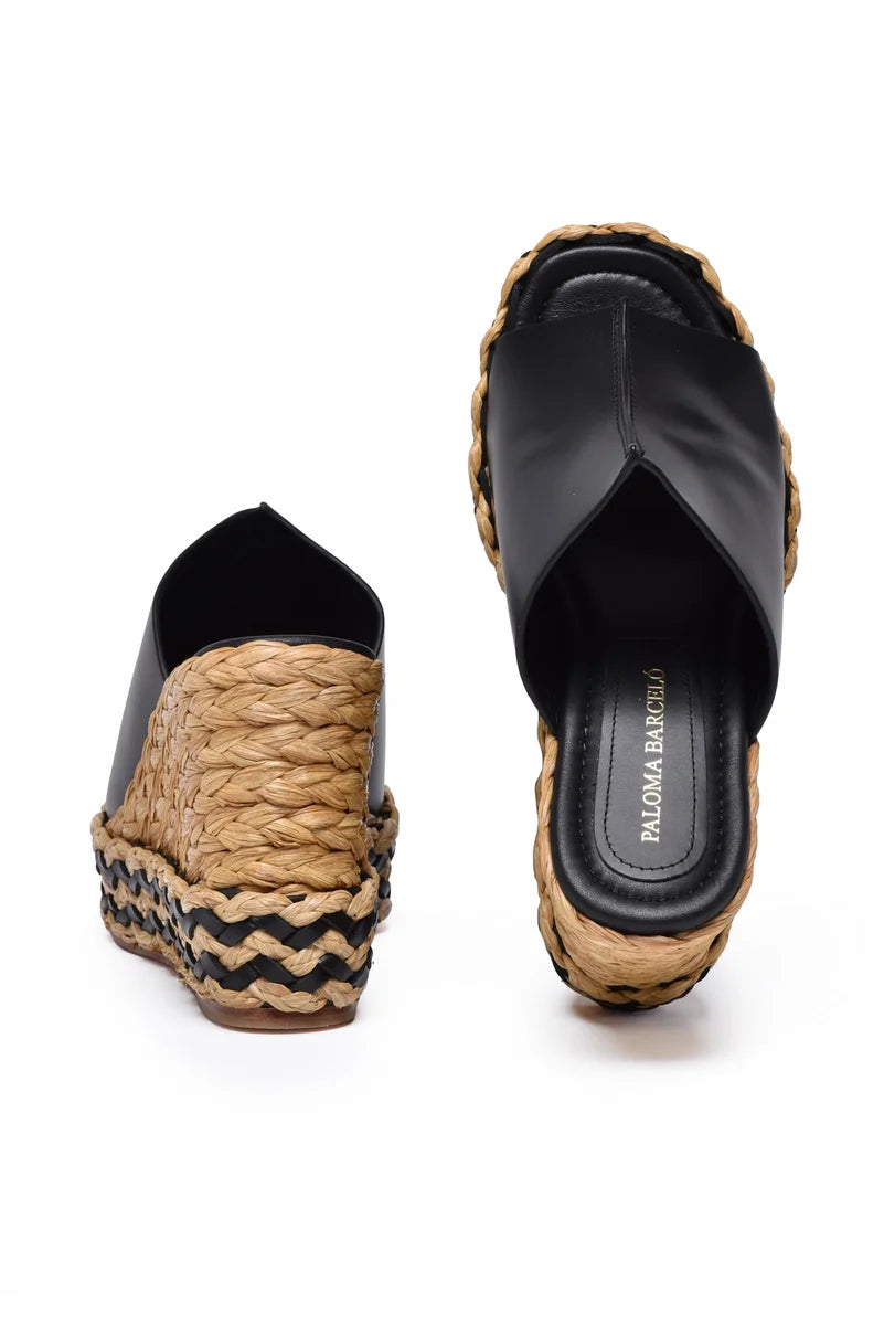 Raffia Wedge Mules - Black