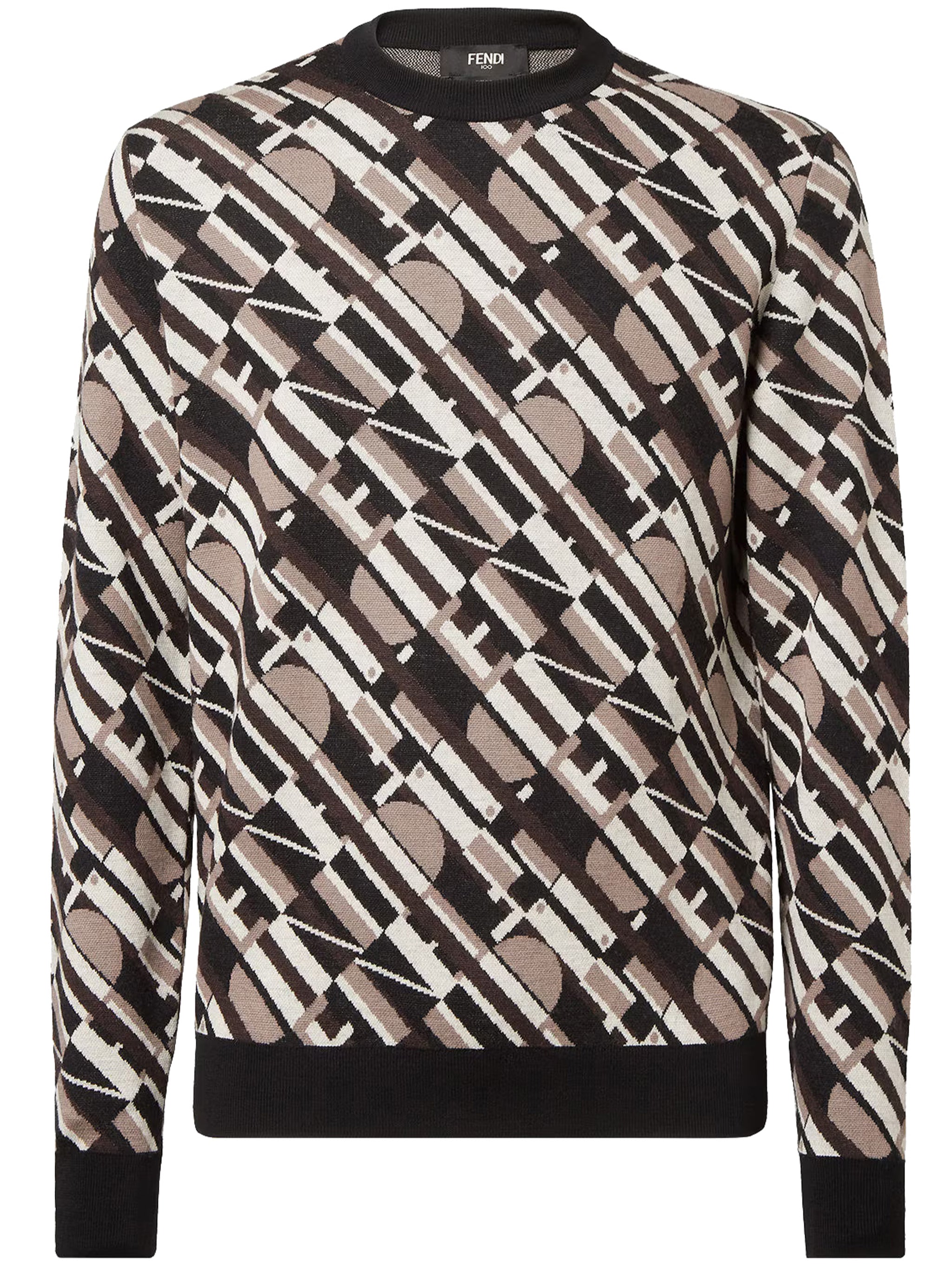 Long-Sleeve Geometric Pattern Crewneck Black Sweater