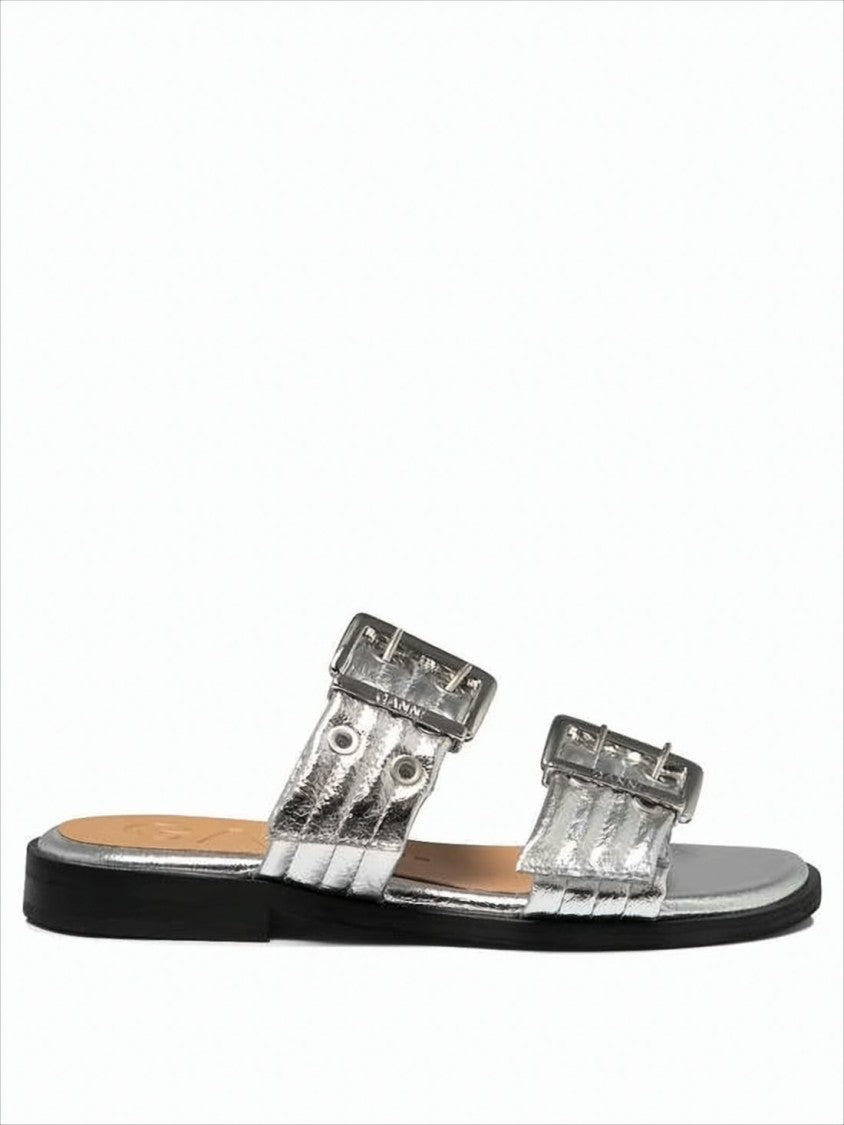 Metallic Silver Flat Mules With Wide Straps And Buckle Accents