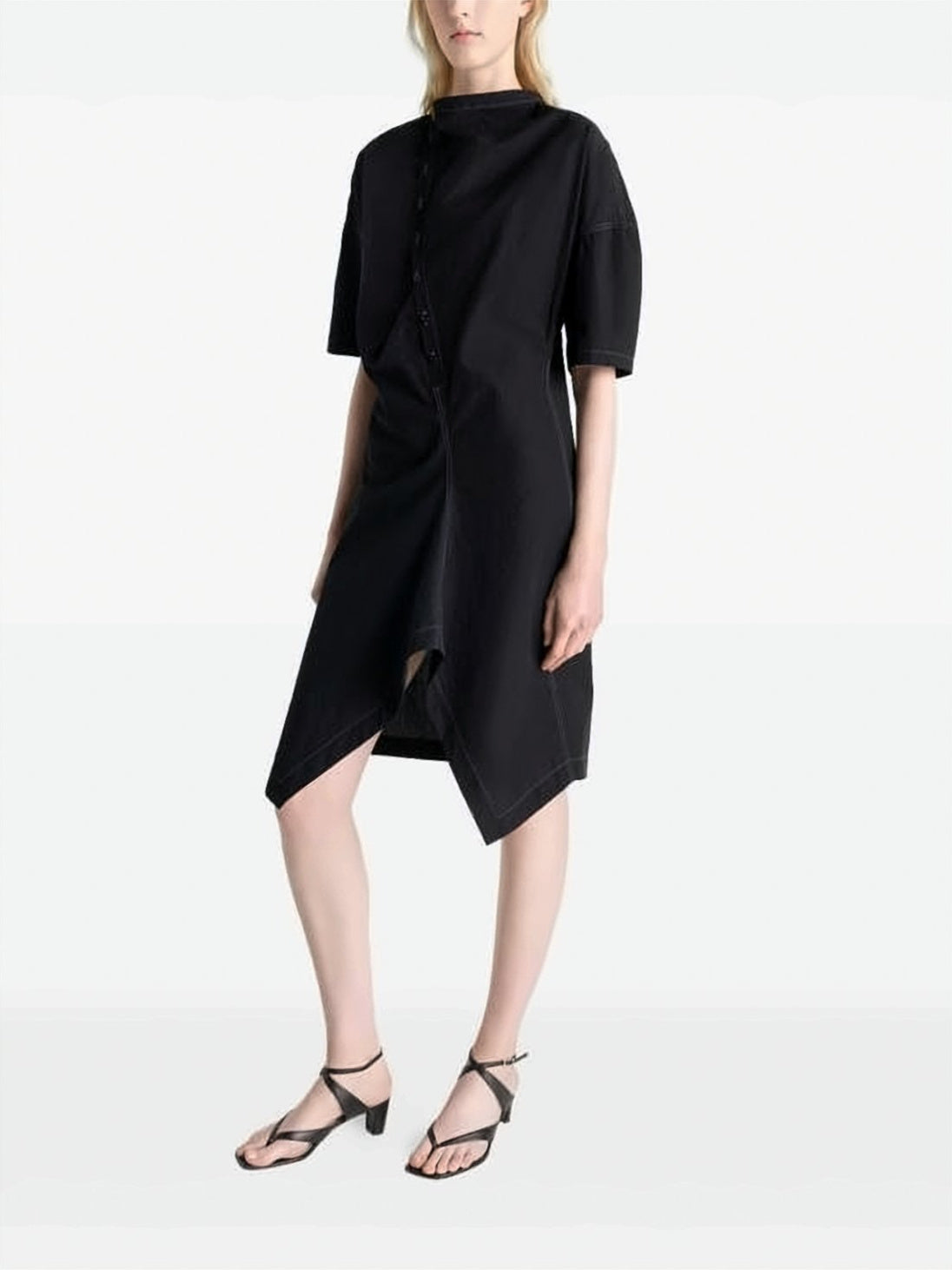 Asymmetrical Button Closure Midi Dress with Structured Silhouette