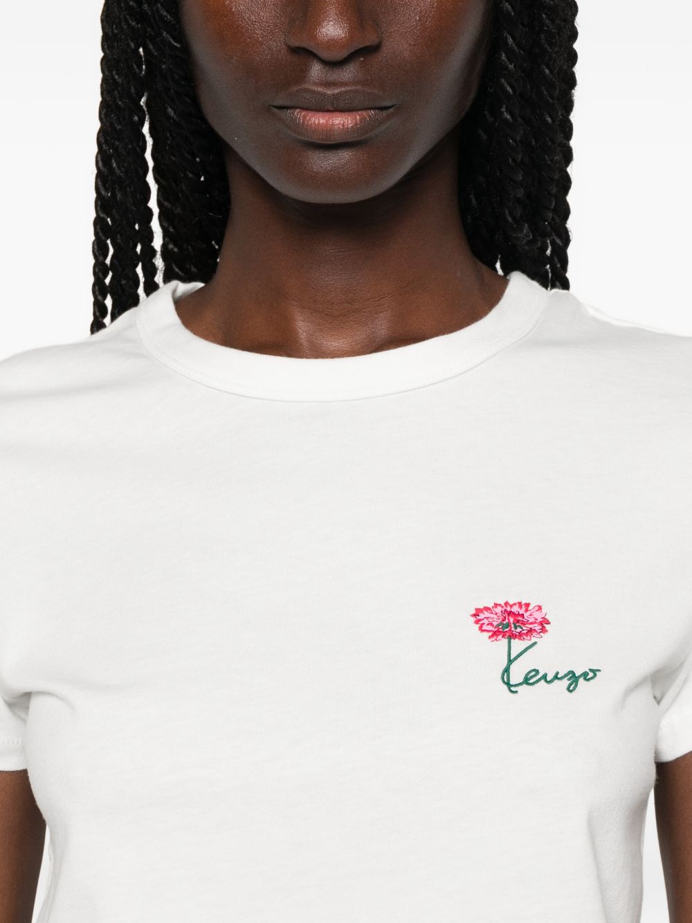 White Flower Embroidery Logo Crew Neck Top
