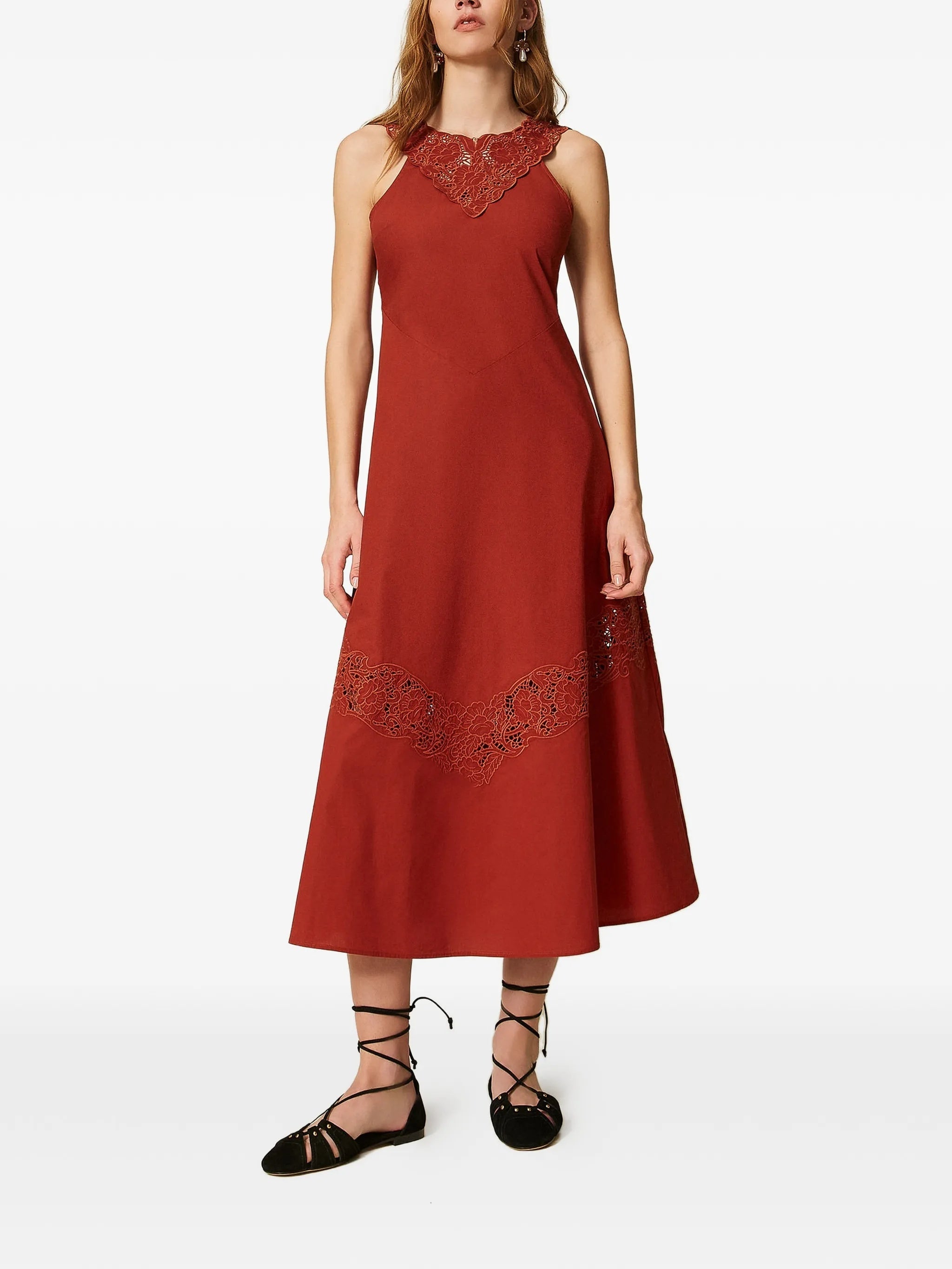Rust Abito Sleeveless Lace Midi Dress