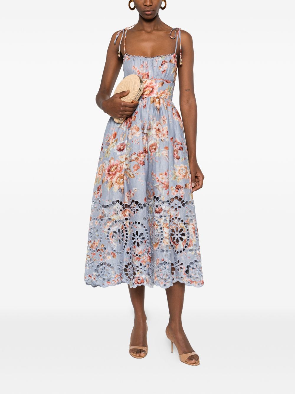 Floral Print Midi Dress With Scalloped Bodice