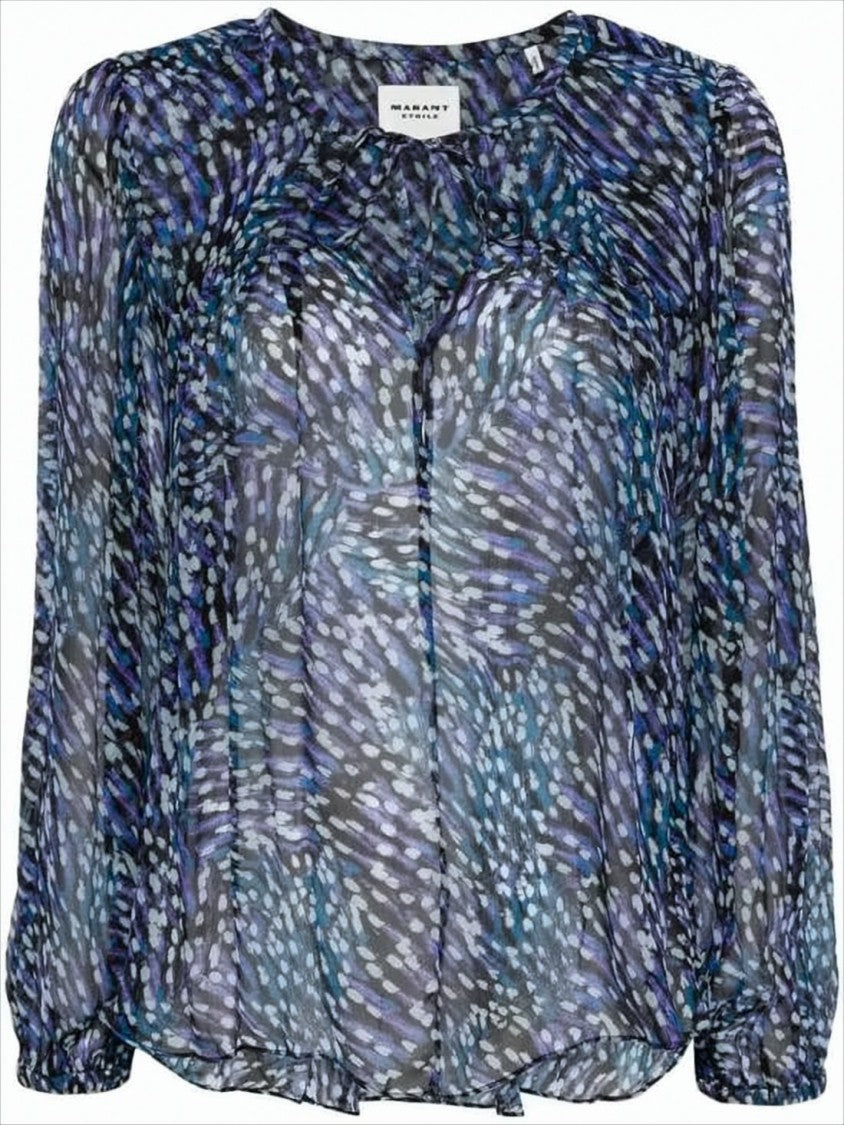 Abstract Pattern Semi-Sheer Blouse with Keyhole Detail