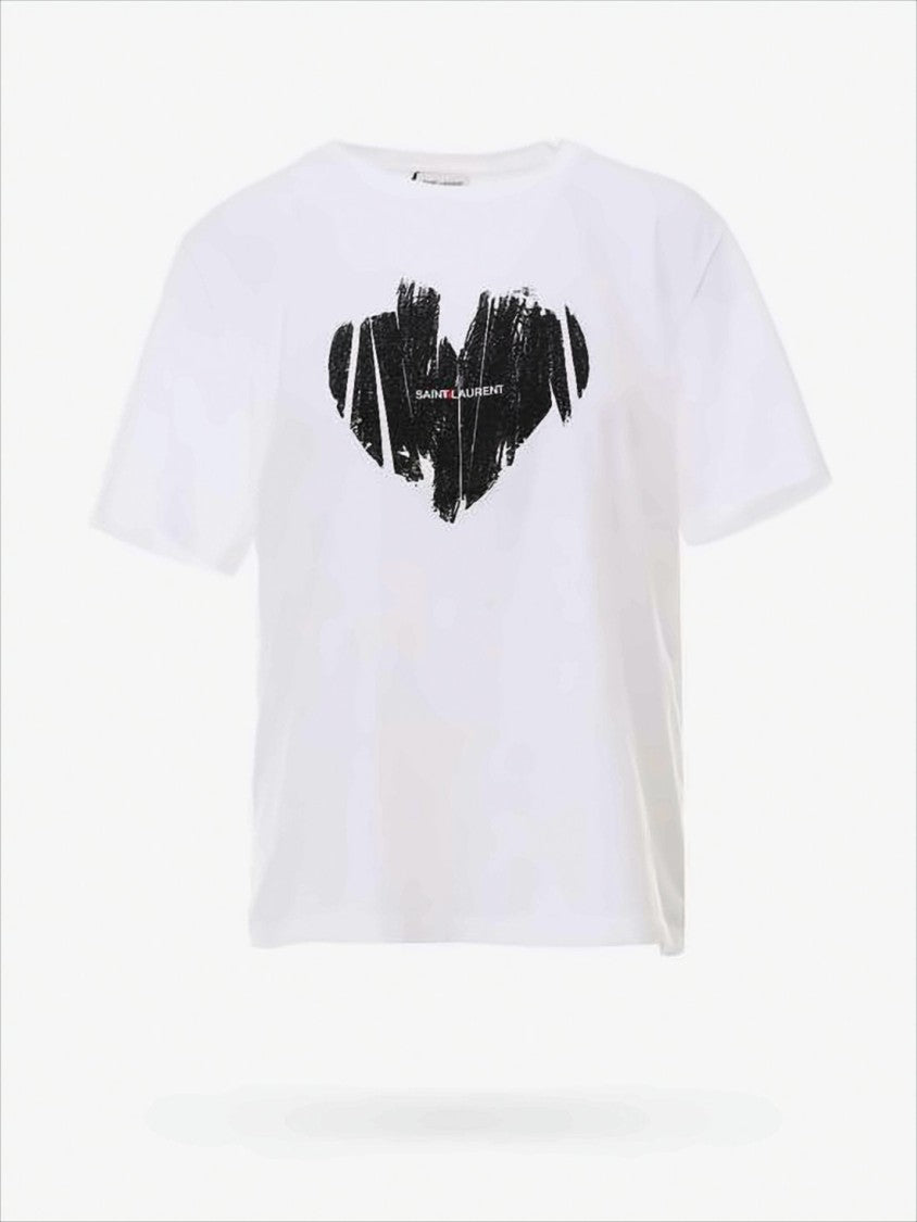 White Cotton Saint Laurent T-Shirt with Bold Heart Graphic