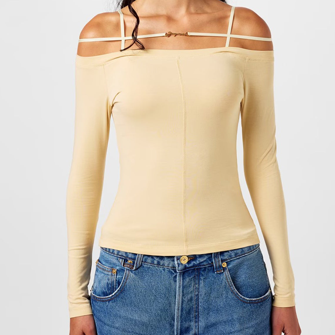 Fitted Off-Shoulder Long-Sleeve Top with Double Straps