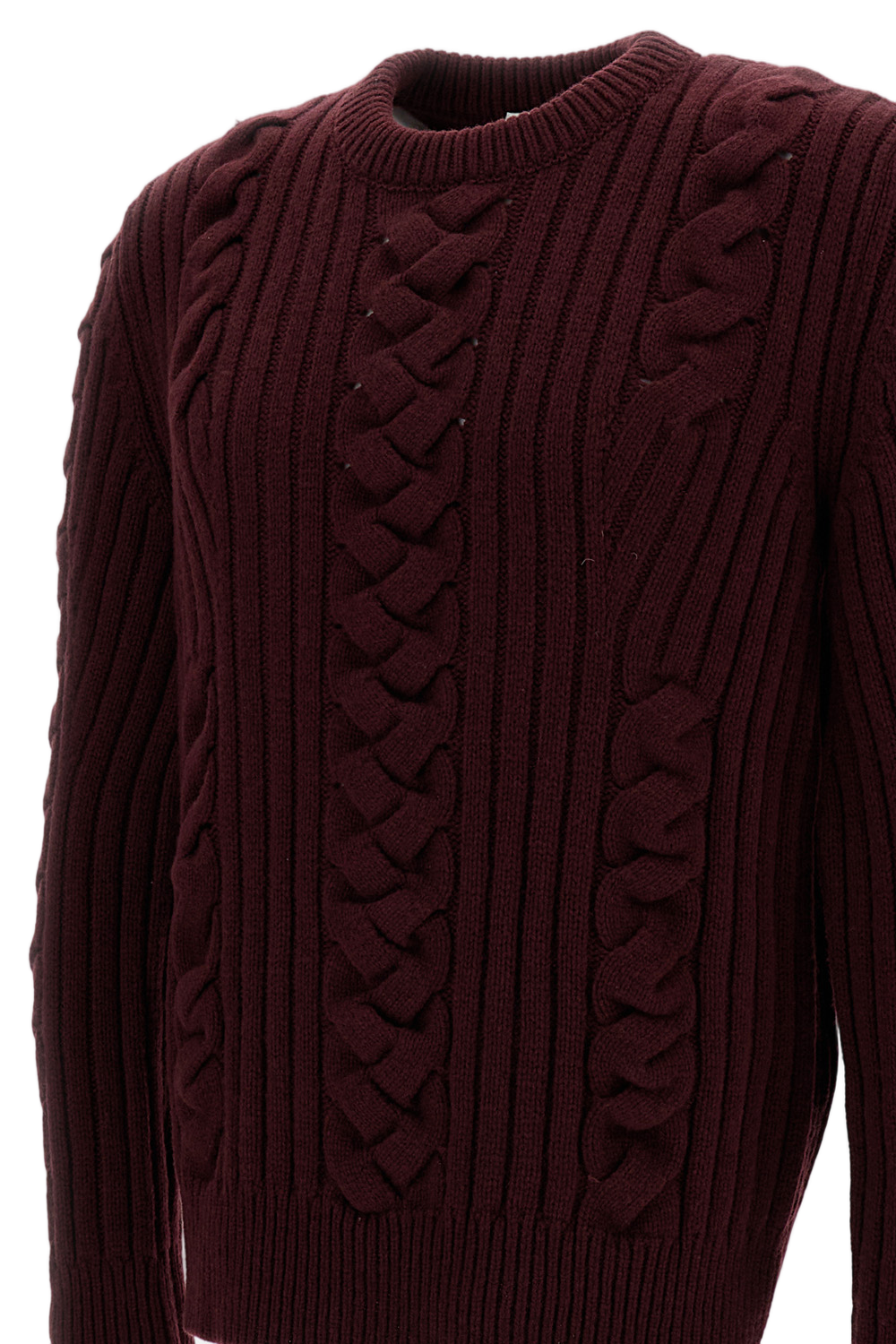 Burgundy Wool Sweater With Cable-Knit Pattern
