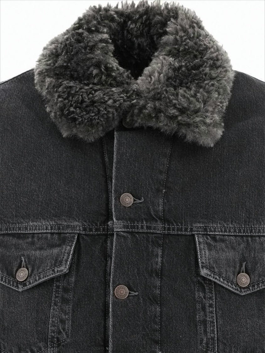 Washed Black Denim Jacket With Plush Collar And Tailored Fit