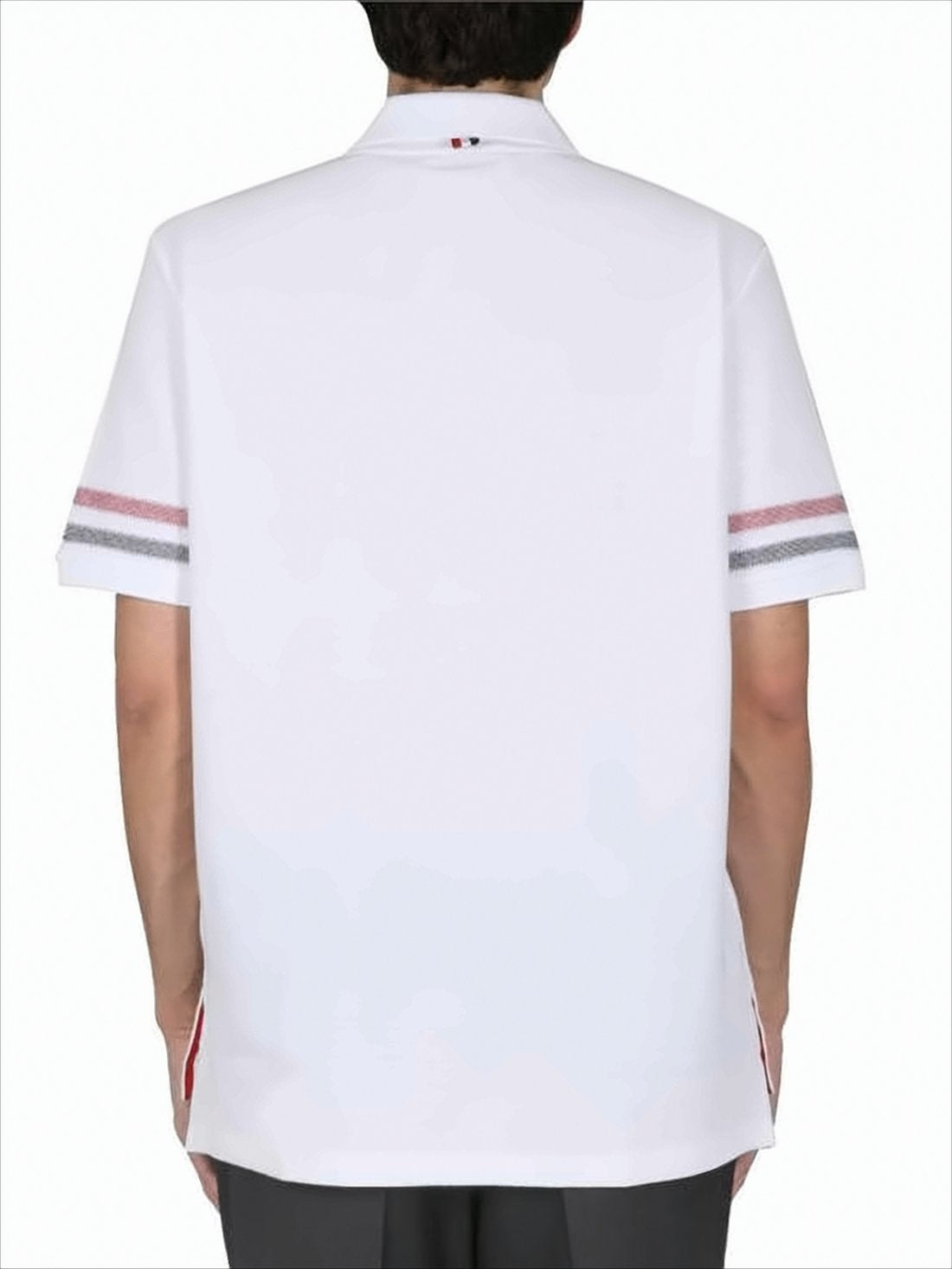 Classic White Polo Shirt with Red and Gray Stripes