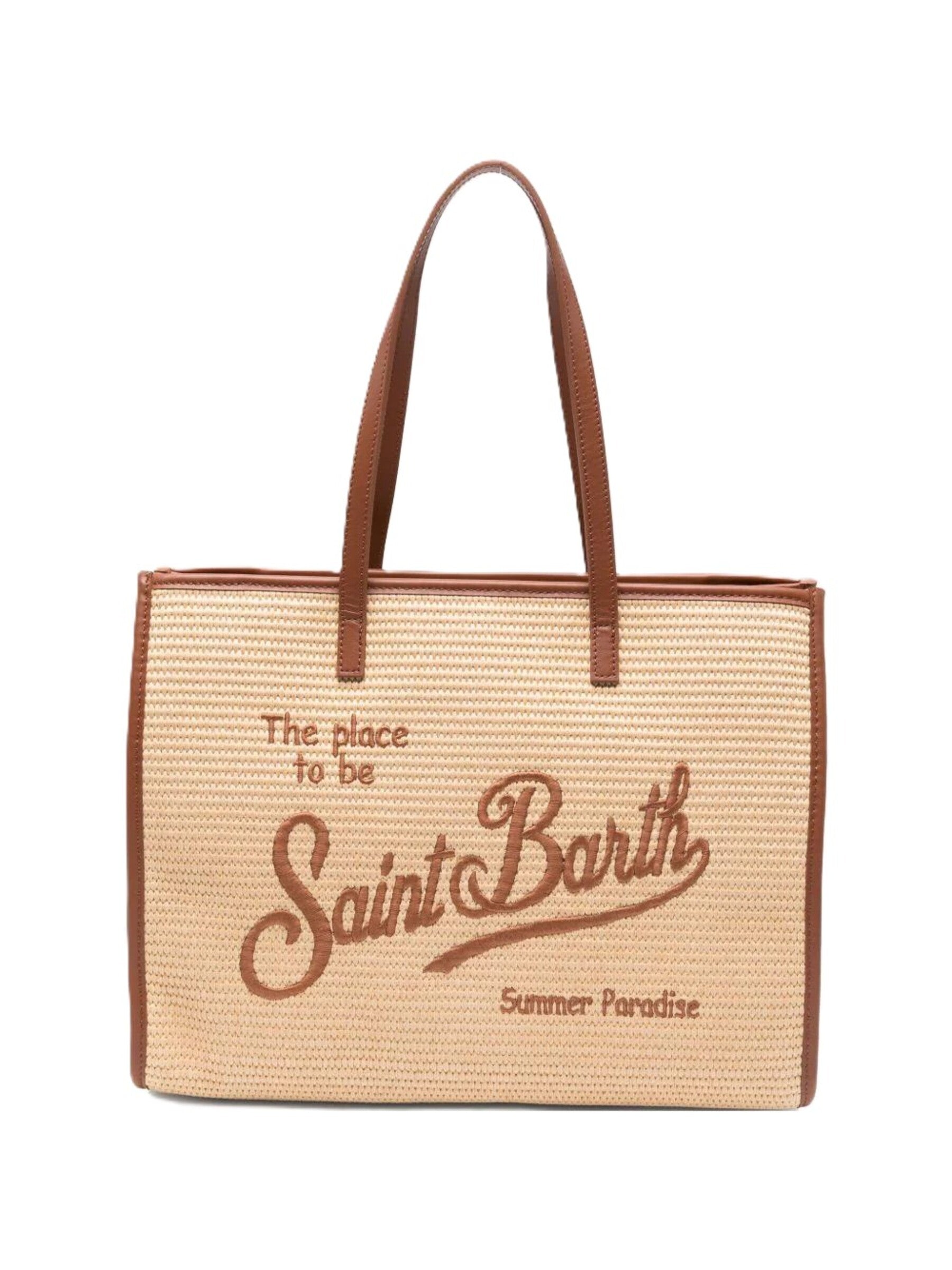 Rectangular Woven Tote Bag with Embroidered Text