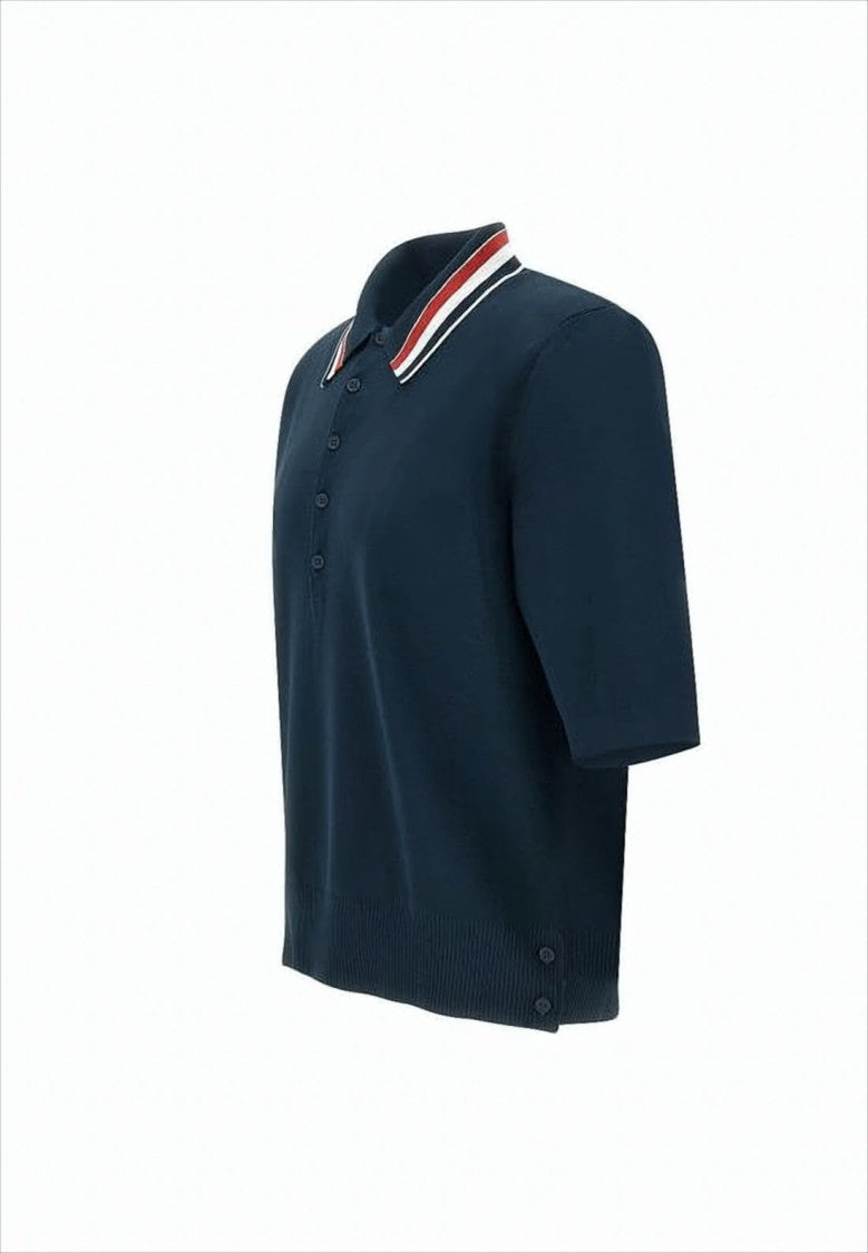 Navy Polo Shirt with Striped Collar and Side Button Details