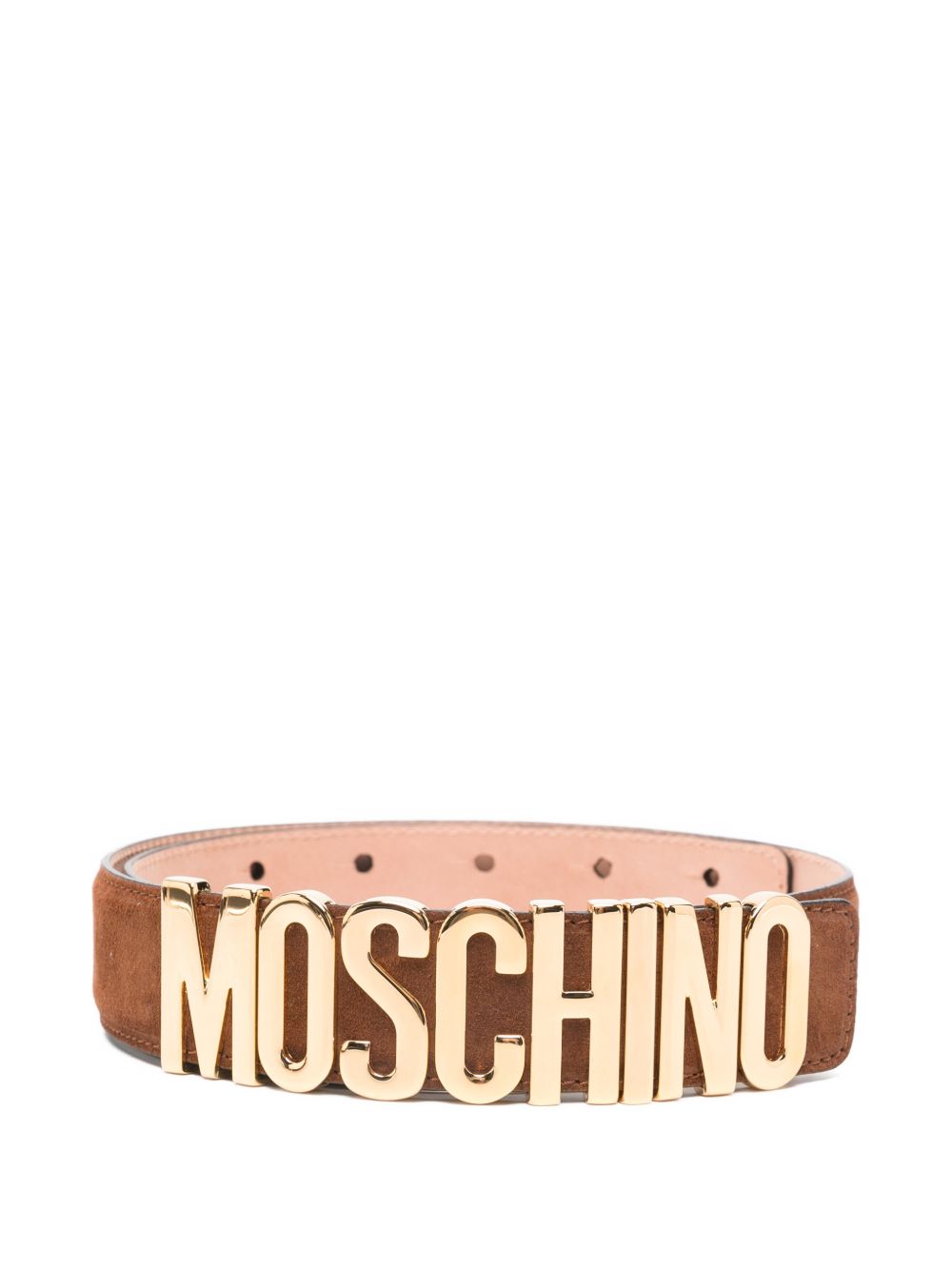 Suede-Textured Brown Belt With Gold-Tone Logo Buckle