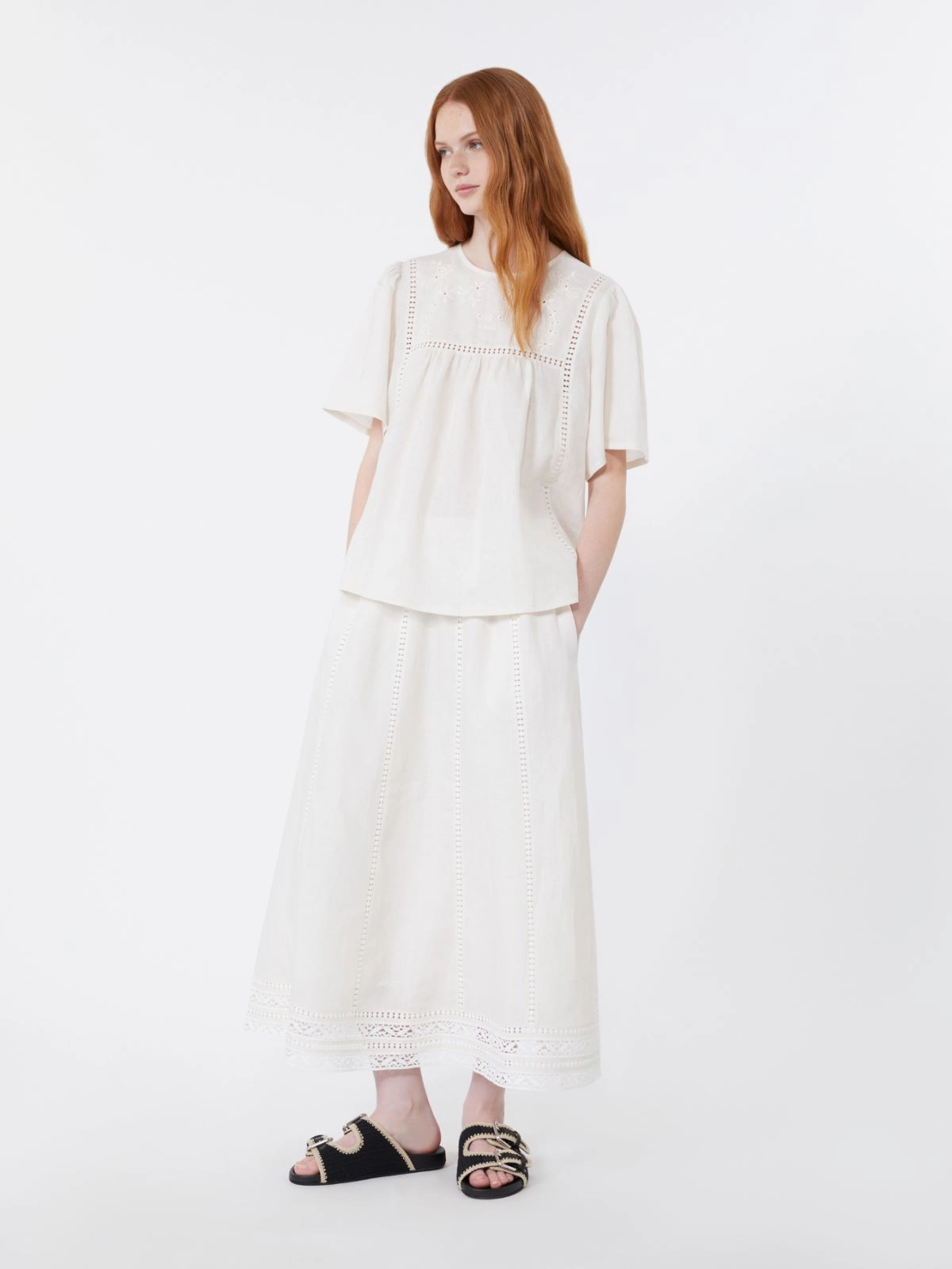 Flared Midi Skirt with Vertical Eyelet Detailing