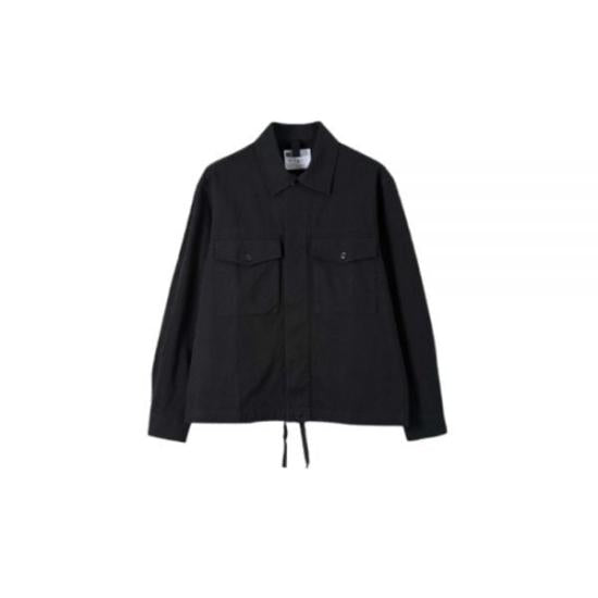 Straight-Cut Black Jacket with Classic Collar and Adjustable Hem