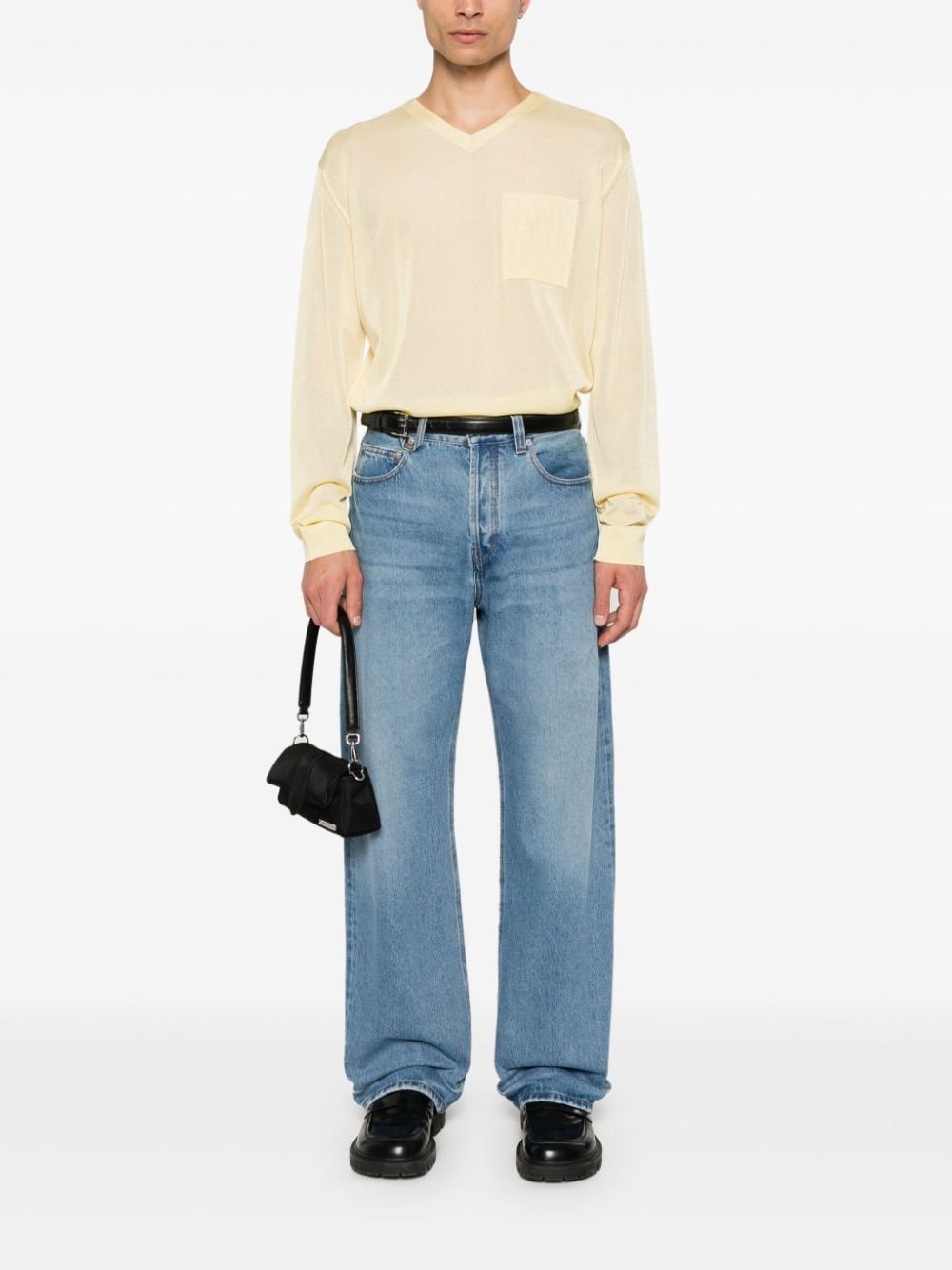 Light Yellow Semi-Sheer Knit V-Neck Sweater