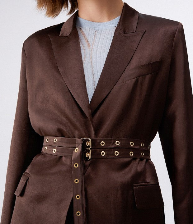 Crinkled Satin Belted Blazer Jacket