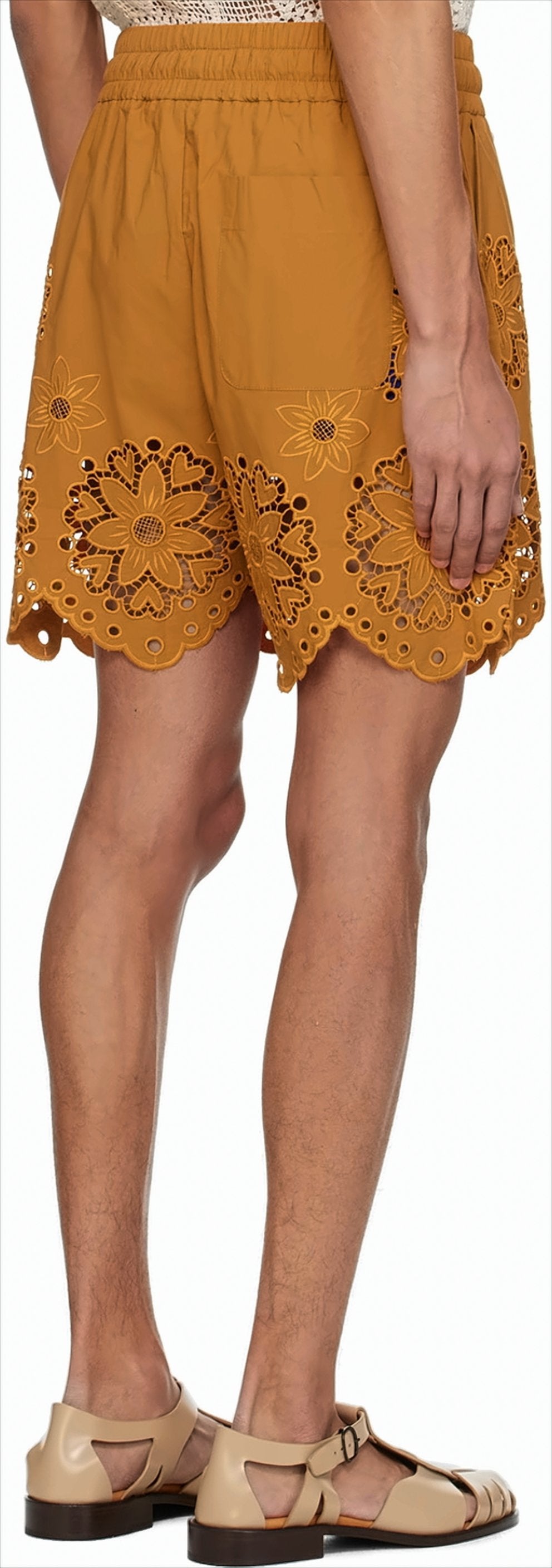 Brown Cotton Shorts with Floral Cut-Out Embroidery