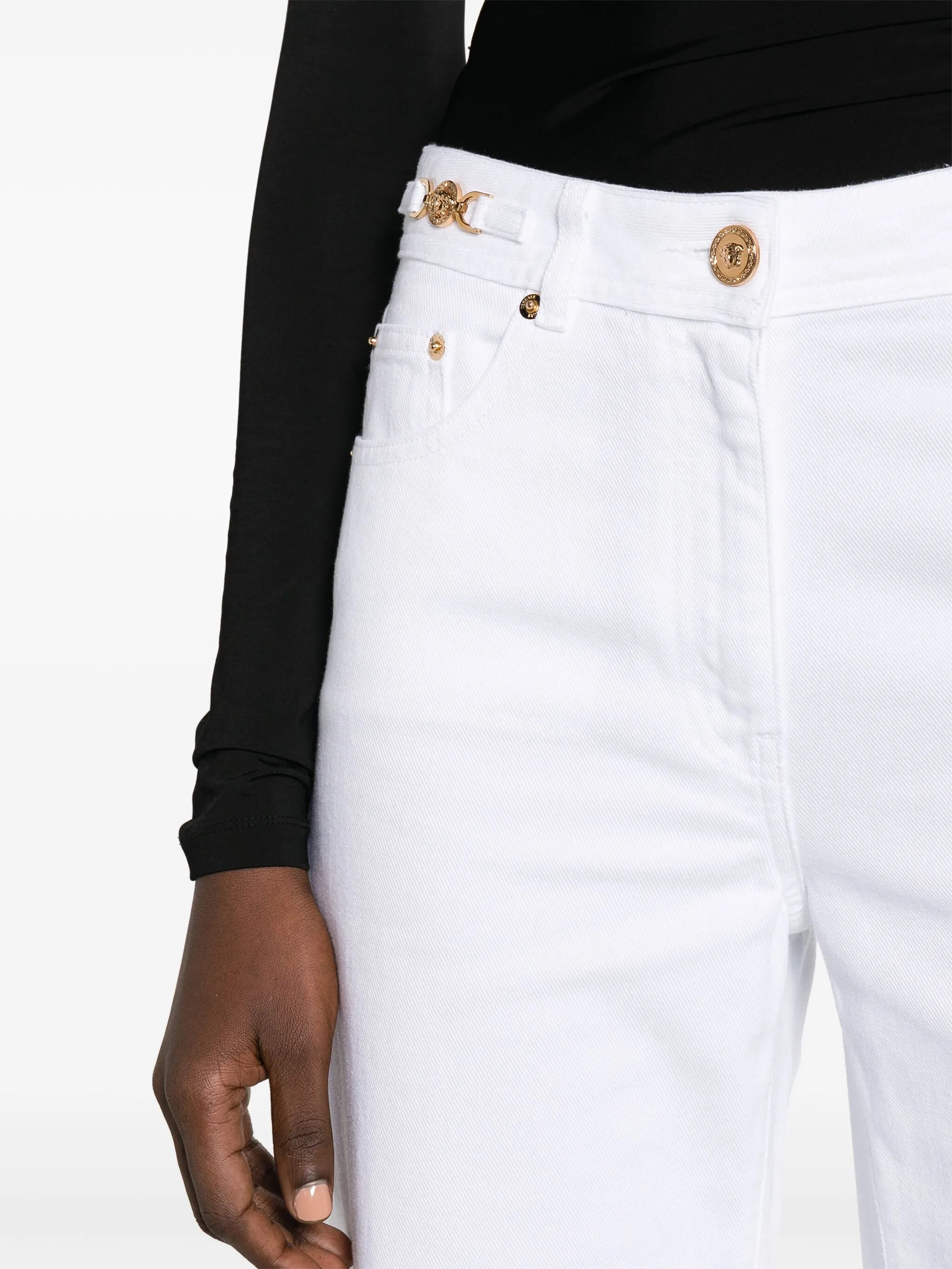 White Wide-Leg Gold Hardware Denim Jeans
