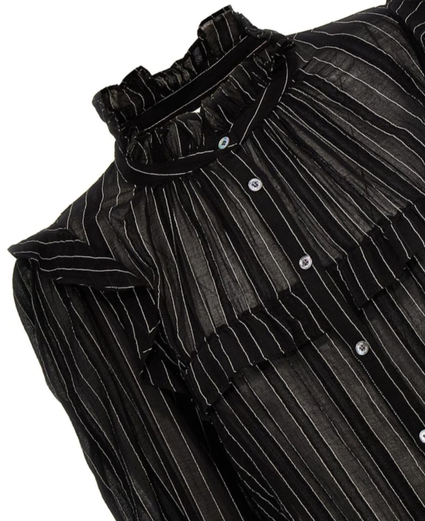 Vertical Pinstripe Long-Sleeve Shirt with High Ruffled Collar