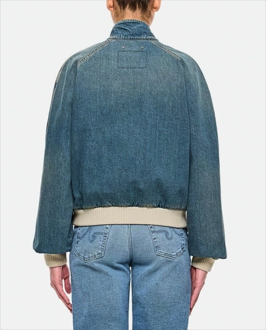 Denim Jacket With Ribbed Knit Cuffs And Relaxed Fit
