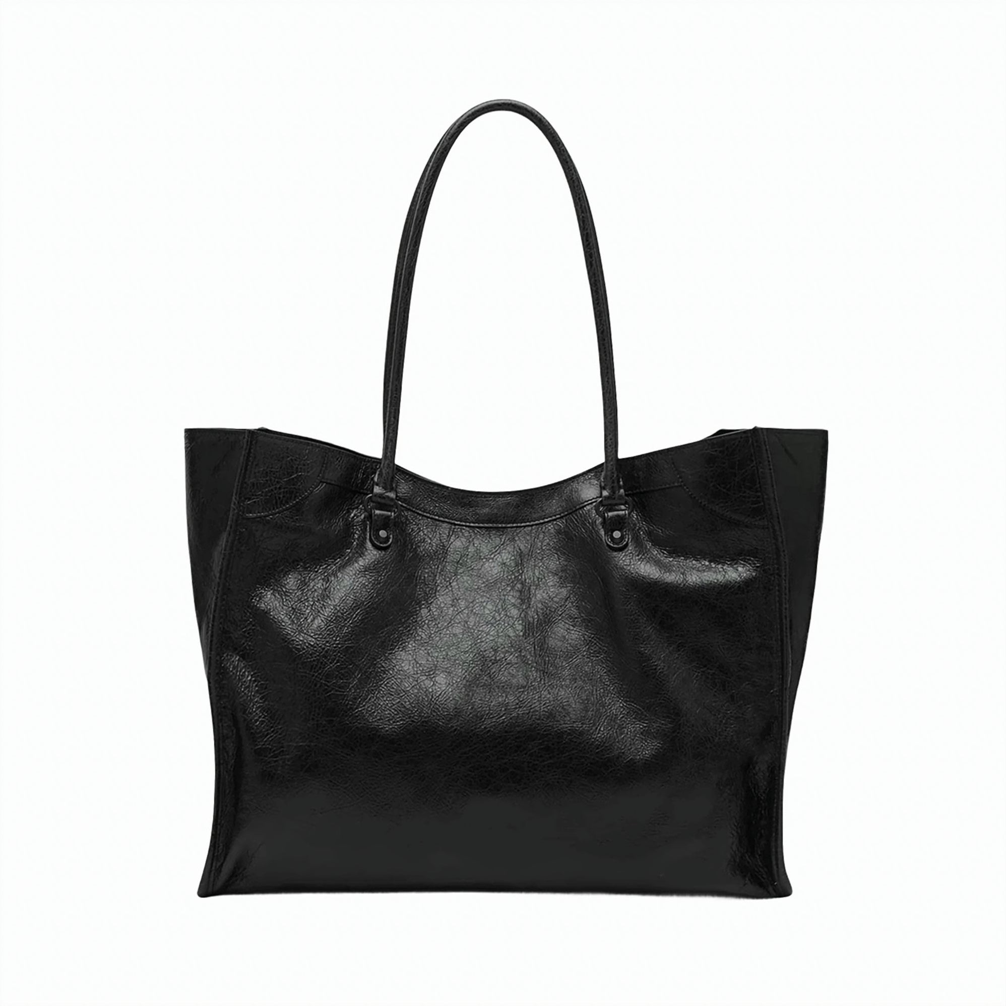 Medium Black Lamb Leather Tote Bag with Glossy Finish