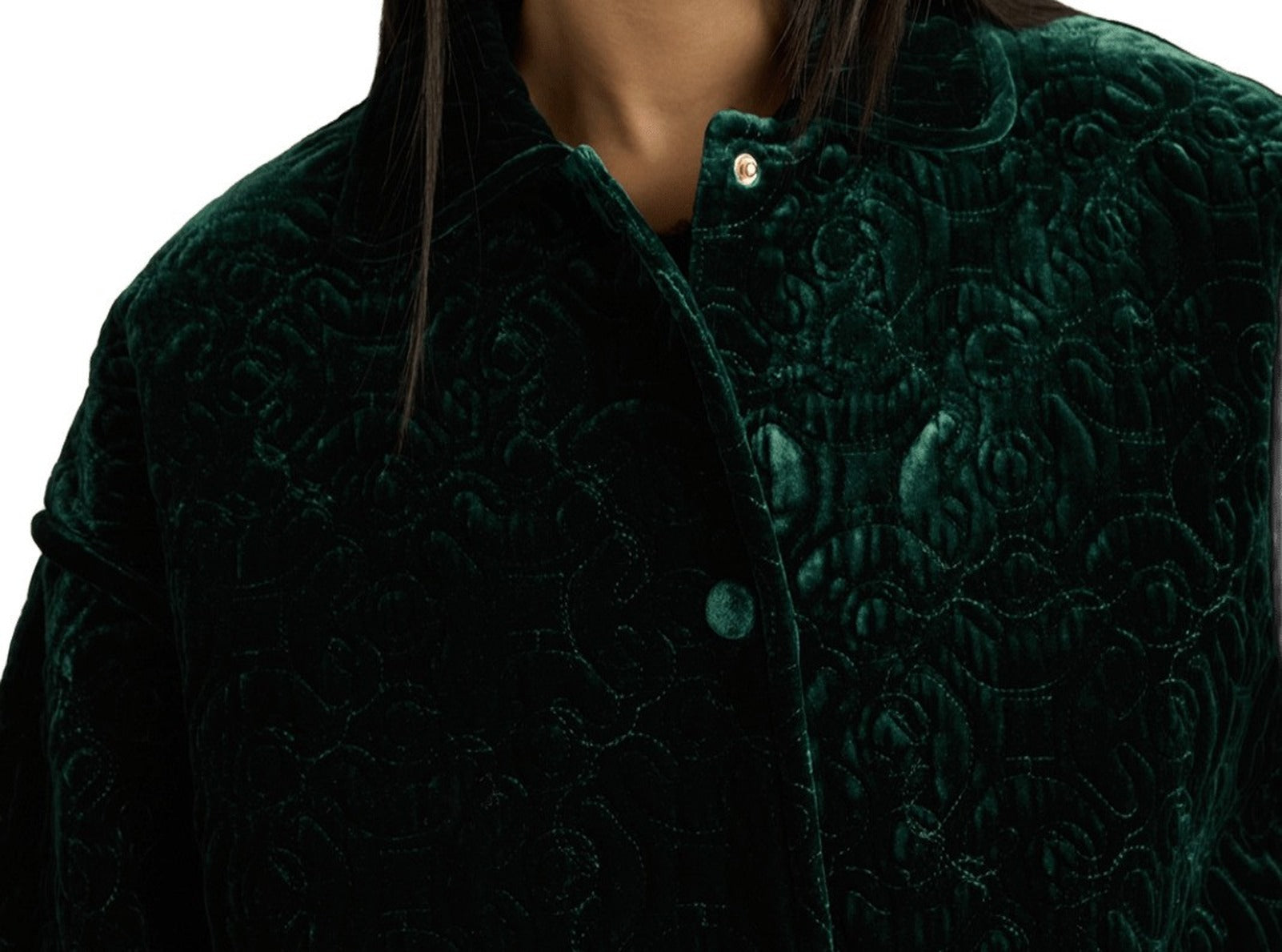 Embossed Floral Velvet Green Coat With Relaxed Fit