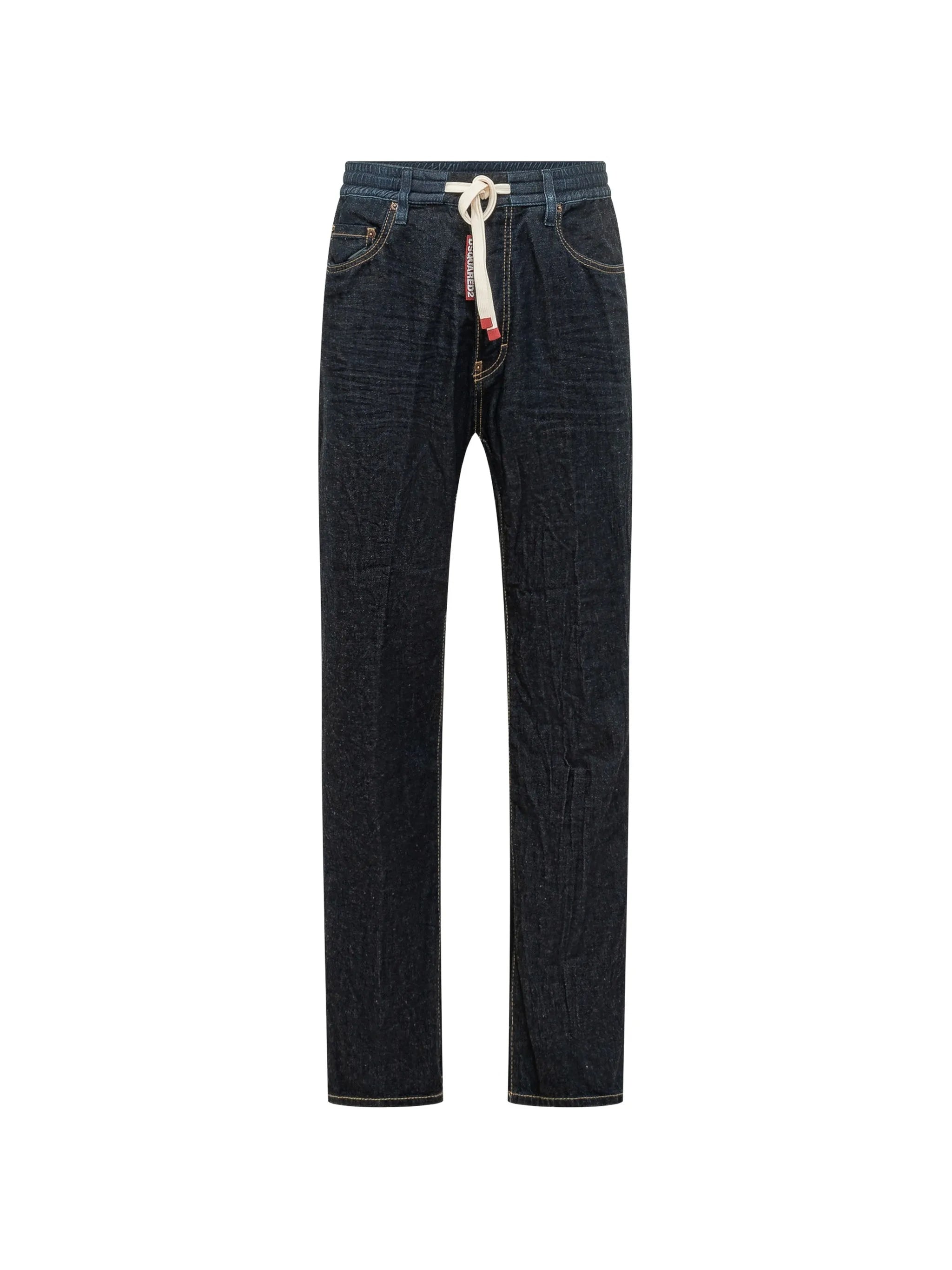 Straight-Leg Dark Denim Drawstring Rope Pants