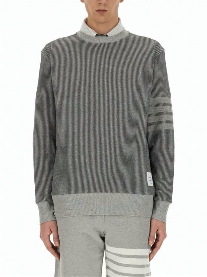 Ribbed Knit Sweater with Striped Sleeve Detailing