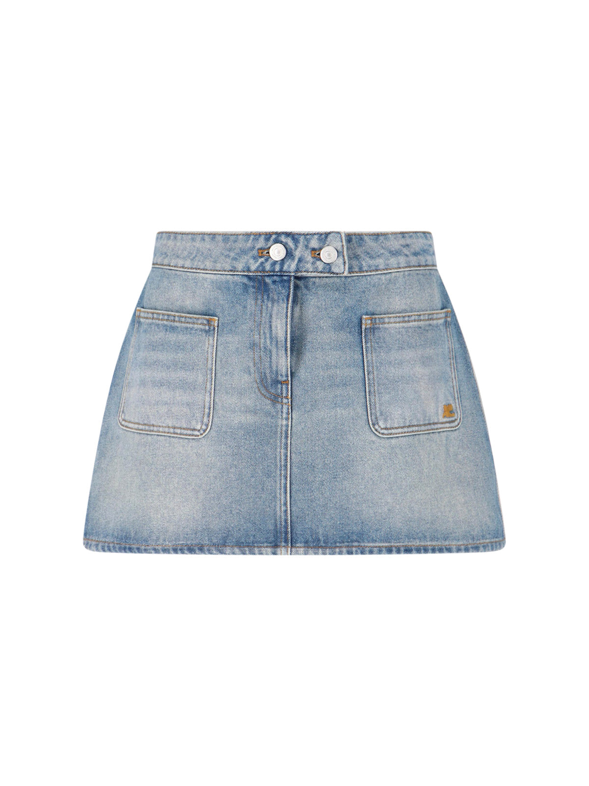 Blue Low-Rise Embroidered Mini Denim Skirt