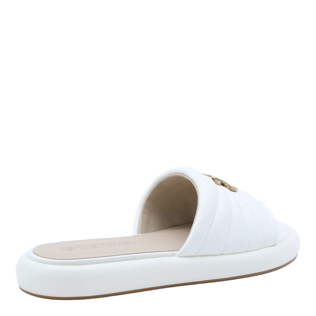 Quilted White Open-Toe Flats With Decorative Emblem