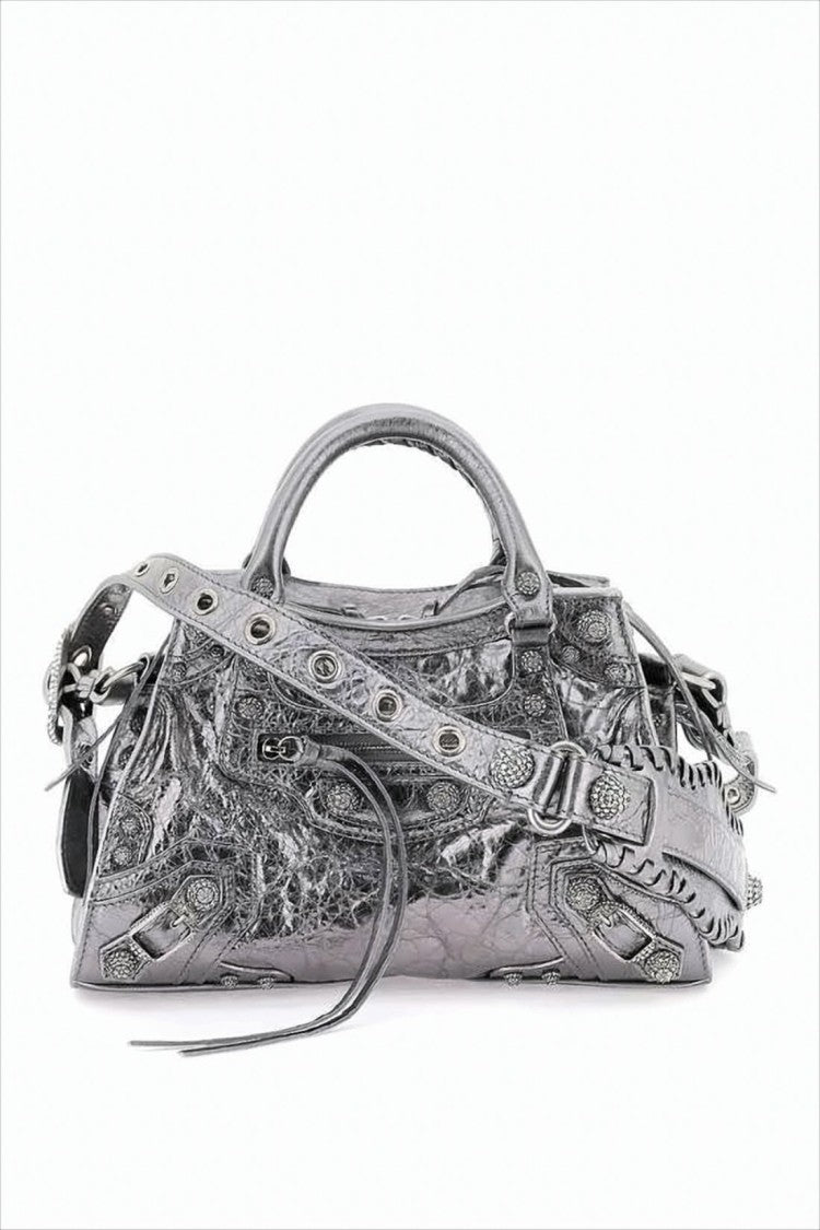 Crinkled Lambskin Silver Tote Bag with Eyelet Accents