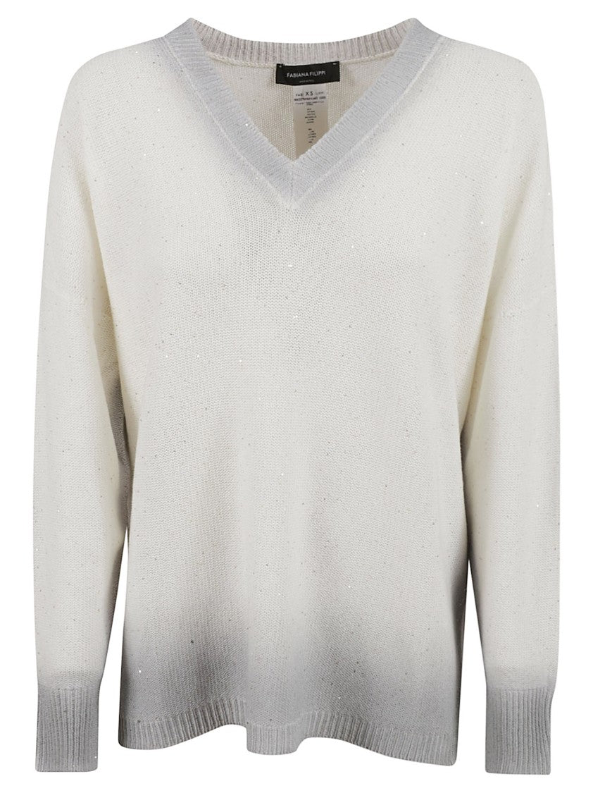 V-Neck White Sweater With Subtle Shimmer