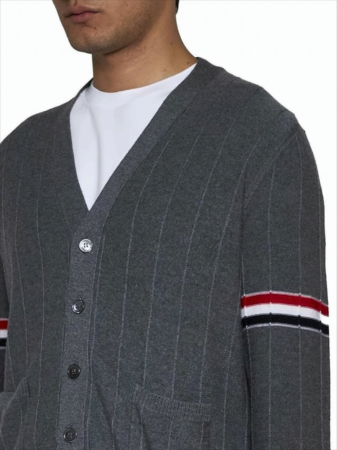 Grey Wool Cardigan with V-Neck and Iconic Striped Accents