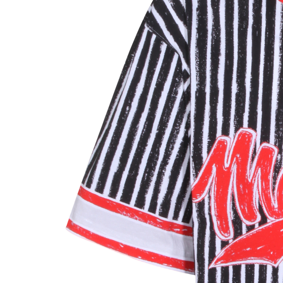 Short-Sleeve Black And White Vertical Stripe T-Shirt With Bold Red Accents